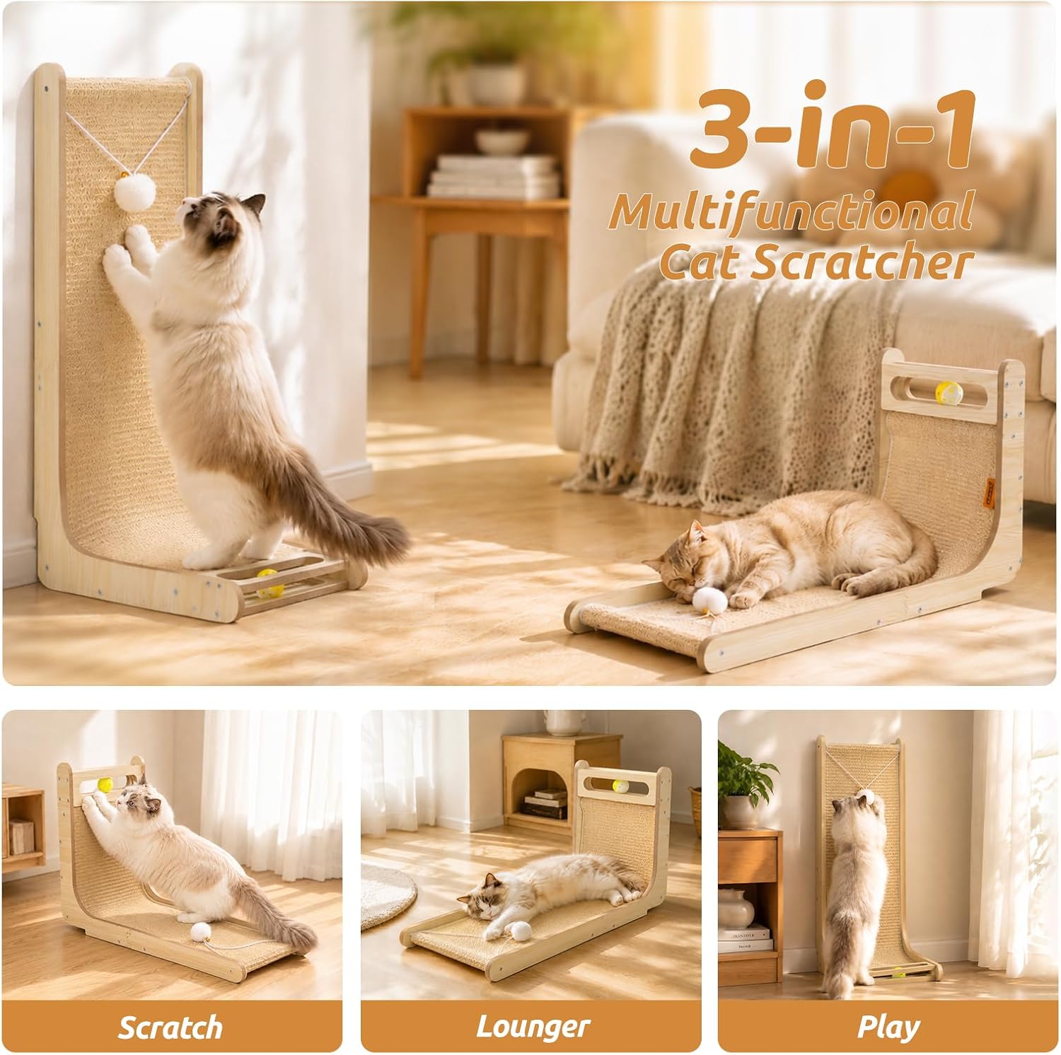Sisal Cat Scratcher - 26.8" Large Wooden Cat Scratcher Pad with Bell Ball Plush Toy,L Shaped Scratching Post for Indoor Cats Adults,Vertical cat Scratcher Board to Protect Furniture - Image 5