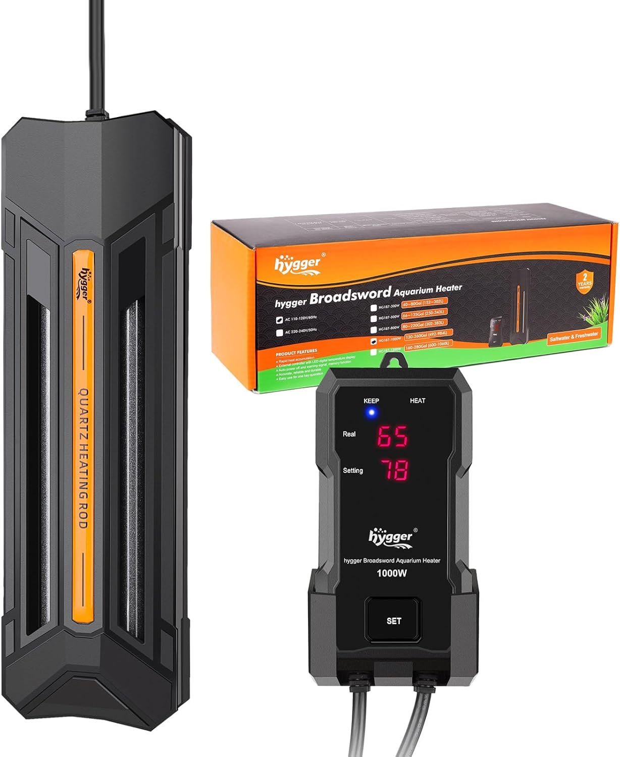 hygger 300W Aquarium Heater with Controller, Adjustable & Submersible Fish Tank Heater with Digital Display Safety Triple Protection Beeping Alarm for Saltwater and Freshwater 40-80 Gallon