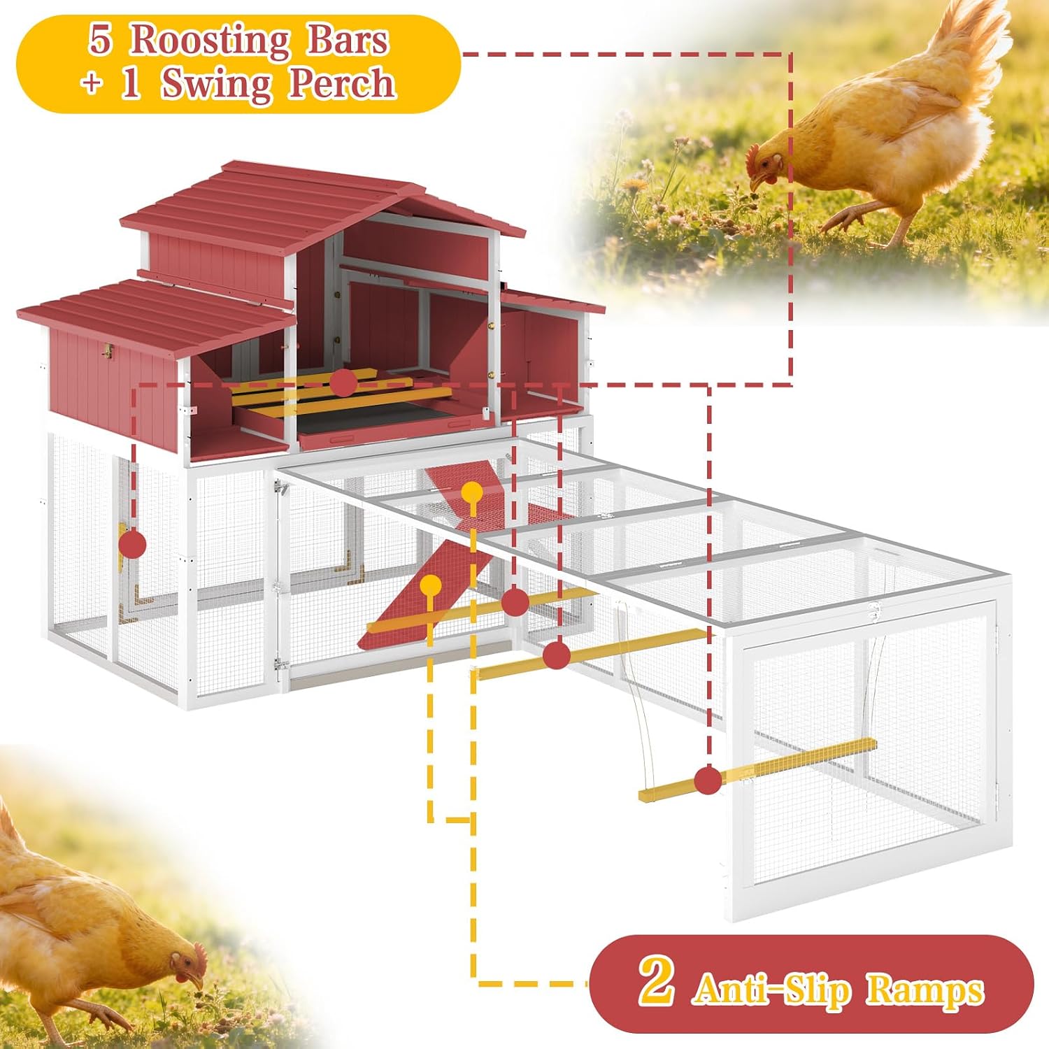 Large Chicken Coop with Run, Outdoor Hen House with 4 Sectionable Nesting Boxes, Poultry Duck House for 4-10 Chickens with 5 Perches, Leakproof Pull-on Tray and Ramp, Red - Image 6