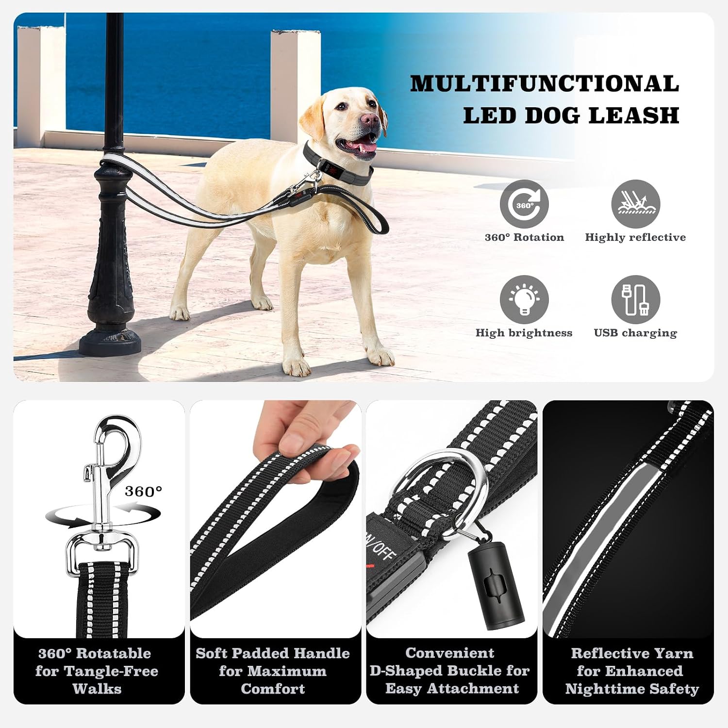 4 Ft LED Dog Leash, Light Up & Lighted Dog Leash, 7 Lighting Modes, Glow in The Dark, Reflective, Double-Sided Light, Rechargeable with Padded Handle for Night Walking Safety, Small to Large Pets - Image 4