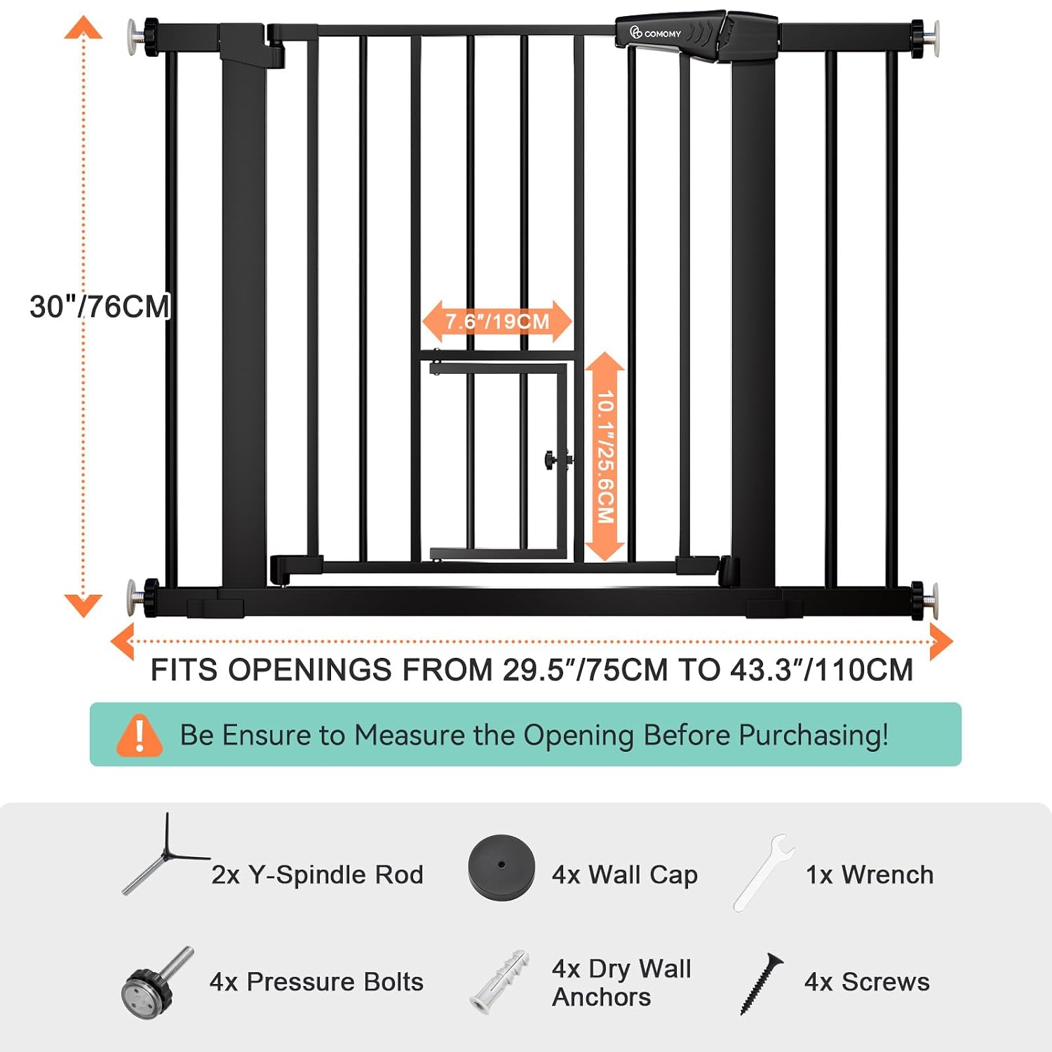 COMOMY Auto Close Pet Gate with Cat Door, 29.5"-40.5" Dog Gate for House Doorways Stairs, Pressure Mounted Easy Walk Thru Safety Gate, Includes 4 Wall Cups and 2 Extension Pieces, Black - Image 9