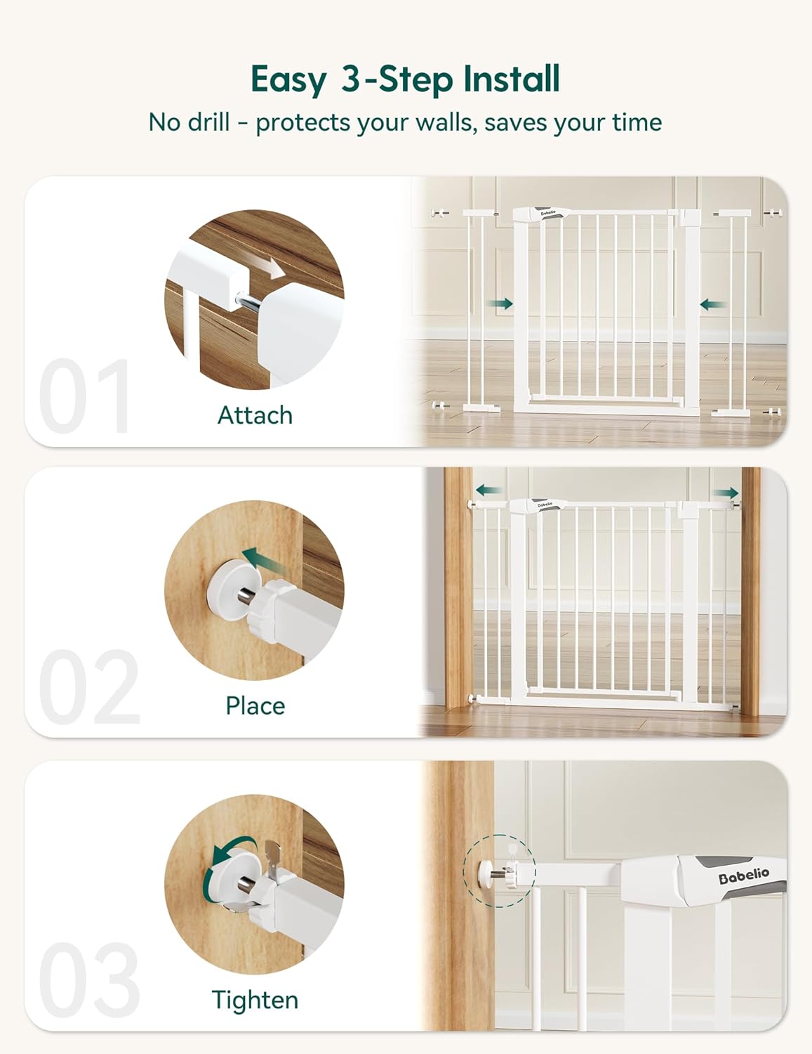 BABELIO Safety Gate Door Fits for Stairs, Narrow and Wide Doorways with Auto Close, Easy Install, No Drilling, Pressure Mounted for Baby, Child, Pets, Dog/Puppy, 26''-40'', White - Image 5