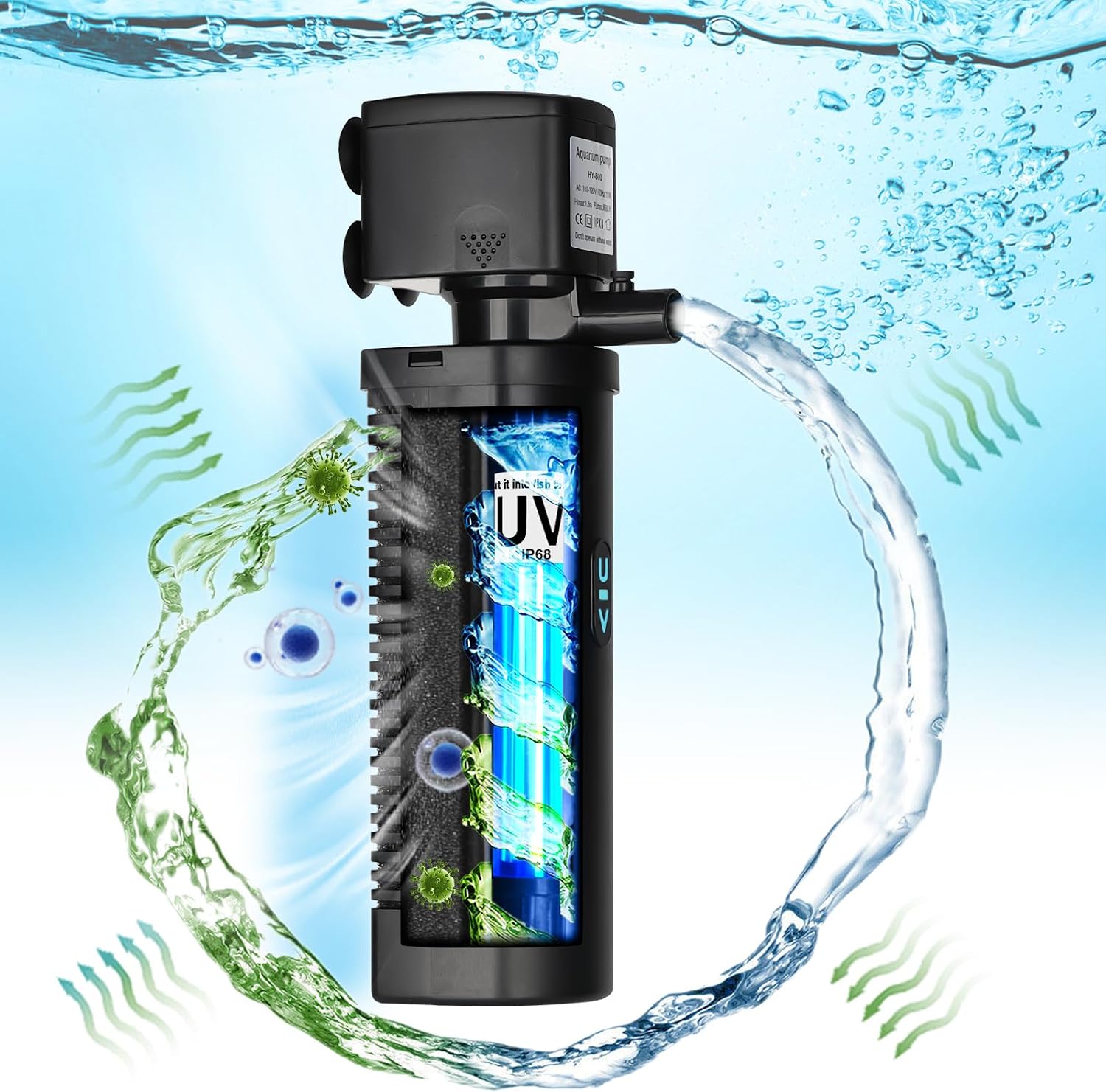TARARIUM Aquarium Filter U-V for 20-75 Gallon, 200GPH Fish Tank Filter w/ 5W U-V Light Green Clean Machine Submersible Powerful Pump Internal Filter for Turtle Tank Saltwater Freshwater Crystal Clear - Image 7