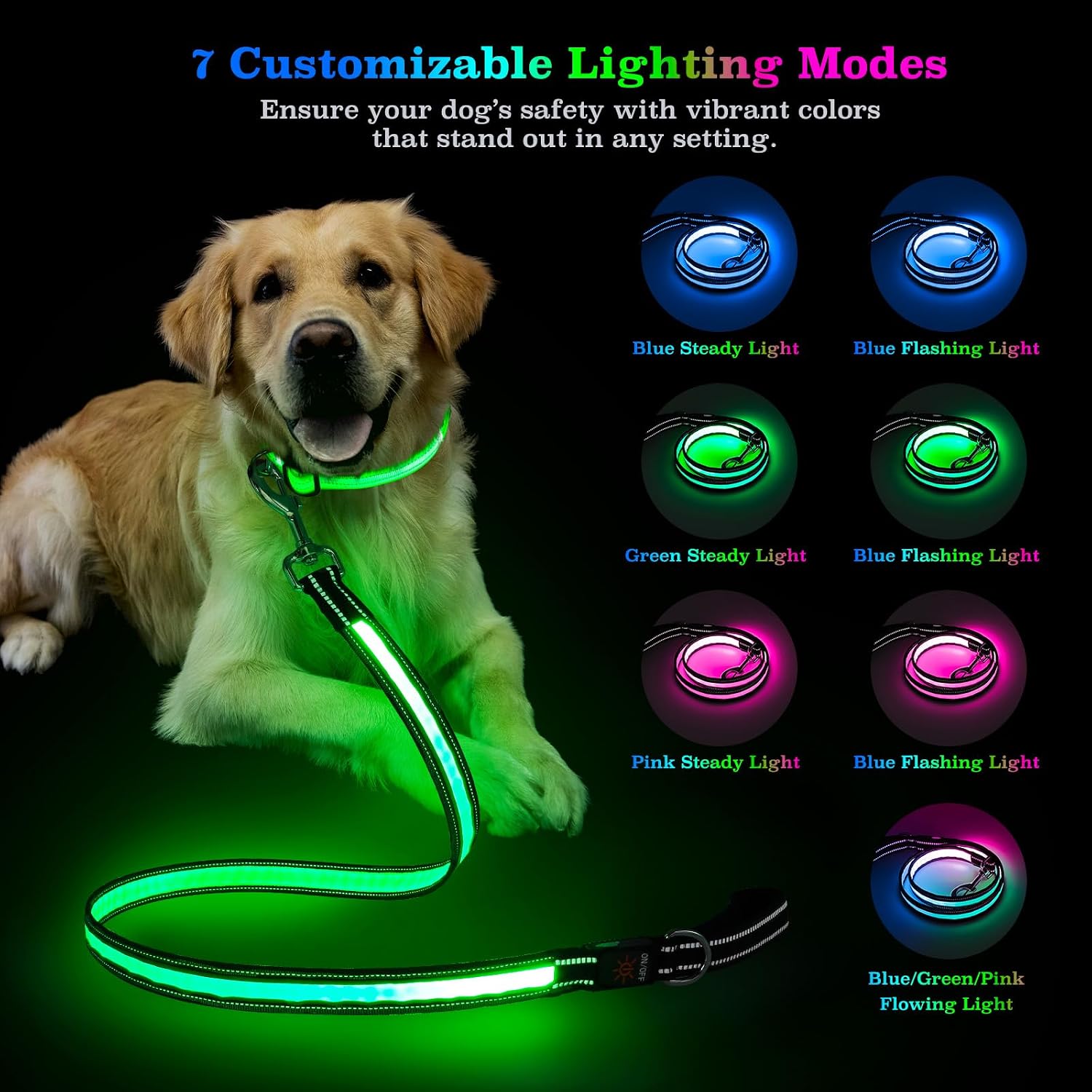 4 Ft LED Dog Leash, Light Up & Lighted Dog Leash, 7 Lighting Modes, Glow in The Dark, Reflective, Double-Sided Light, Rechargeable with Padded Handle for Night Walking Safety, Small to Large Pets - Image 6