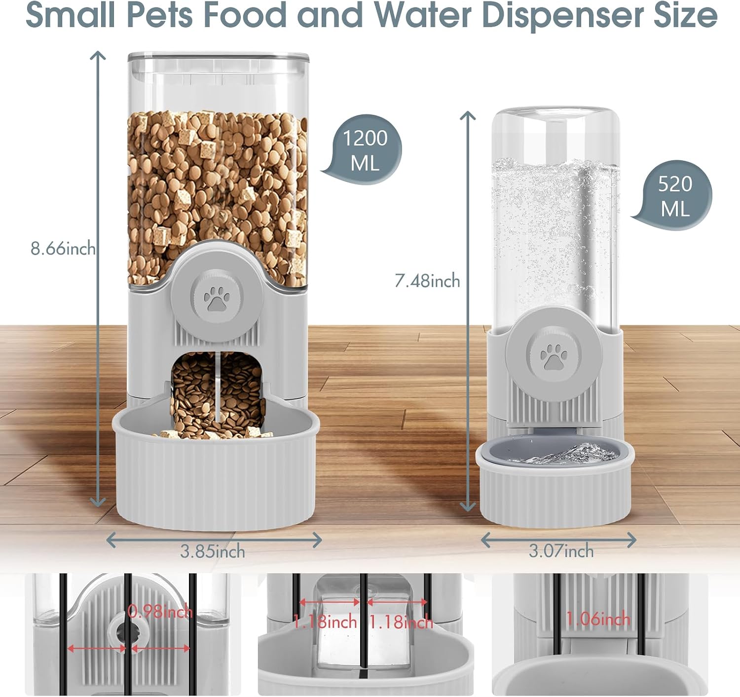 Yummy Sam Hanging Cage Automatic Small Pet Food Bowl Water Bottle Dispenser, Detachable Auto Gravity 1.2L Self-Feeding Feeder and 0.52L Waterer Set Kennel Feeding Station for Puppy Cats Rabbit(Grey) - Image 2