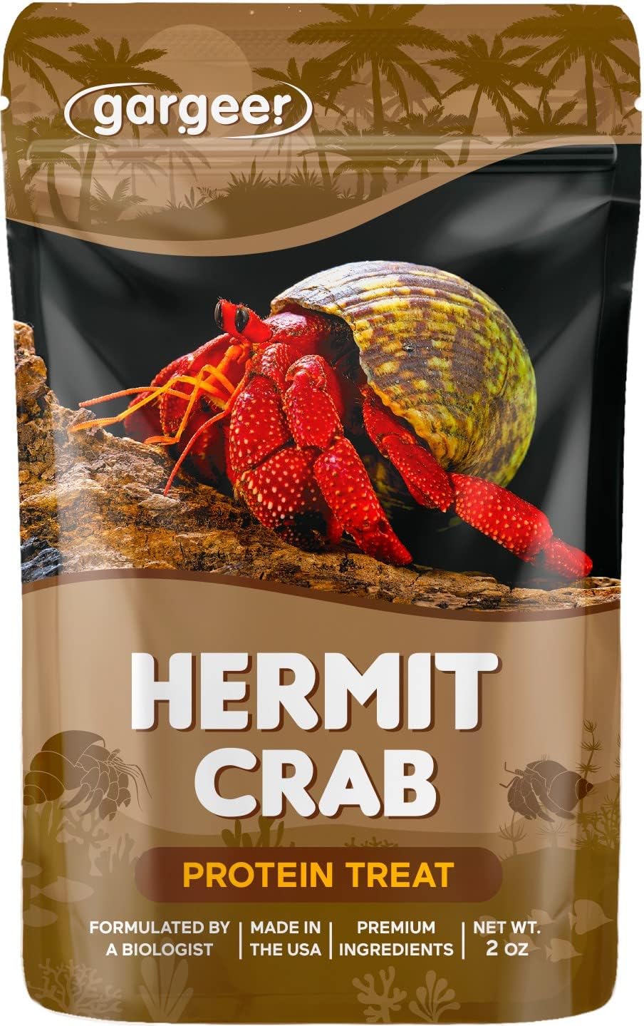 Gargeer Hermit Crab Protein Treat. Non-GMO Premium Ingredients, to Meet All Protein and Support Strength and Growth. 2oz Granular Textured ‘Surprise Your Crab’ Meal. Enjoy!