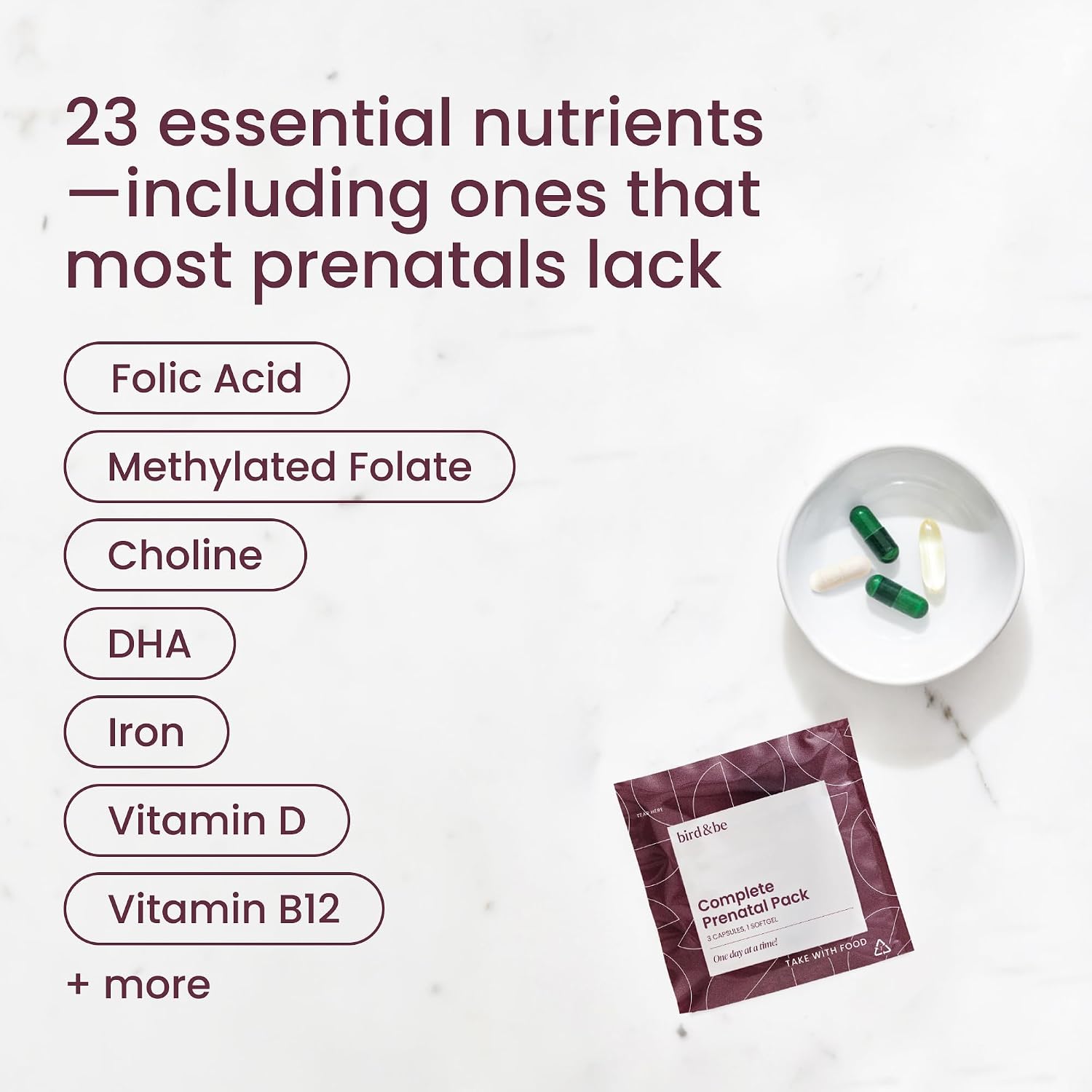 Bird&be Complete Prenatal Vitamins with DHA & Choline | 30 Daily Packs | Methylated Folate (5-MTHF) + Folic Acid + Iron | Doctor-Formulated Pregnancy Support | 24 Bioavailable Nutrients - Image 2