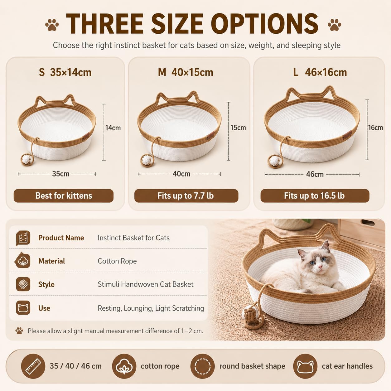 Instinct Basket for Cats, 35/40/46cm Stimuli Handwoven Cat Basket Bed with Cat Ear Handles, Cotton Rope Cat Basket Bed Ball Rope, Indoor Use for All Cats - Image 7