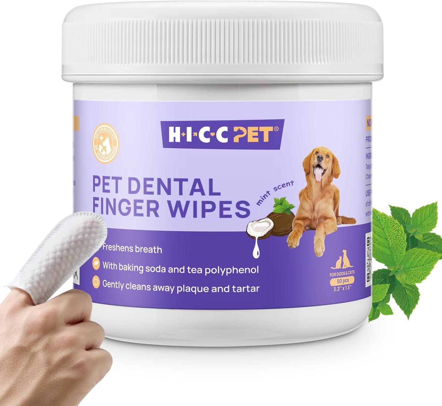 HICC PET Teeth Cleaning Finger Wipes for Dogs & Cats, Daily Oral Care Dental Wipes, Dog Toothbrush Alternative for Teeth & Gum Cleaning, Soft Textured Finger Wipes for Puppies, Adult Dogs & Small Pets