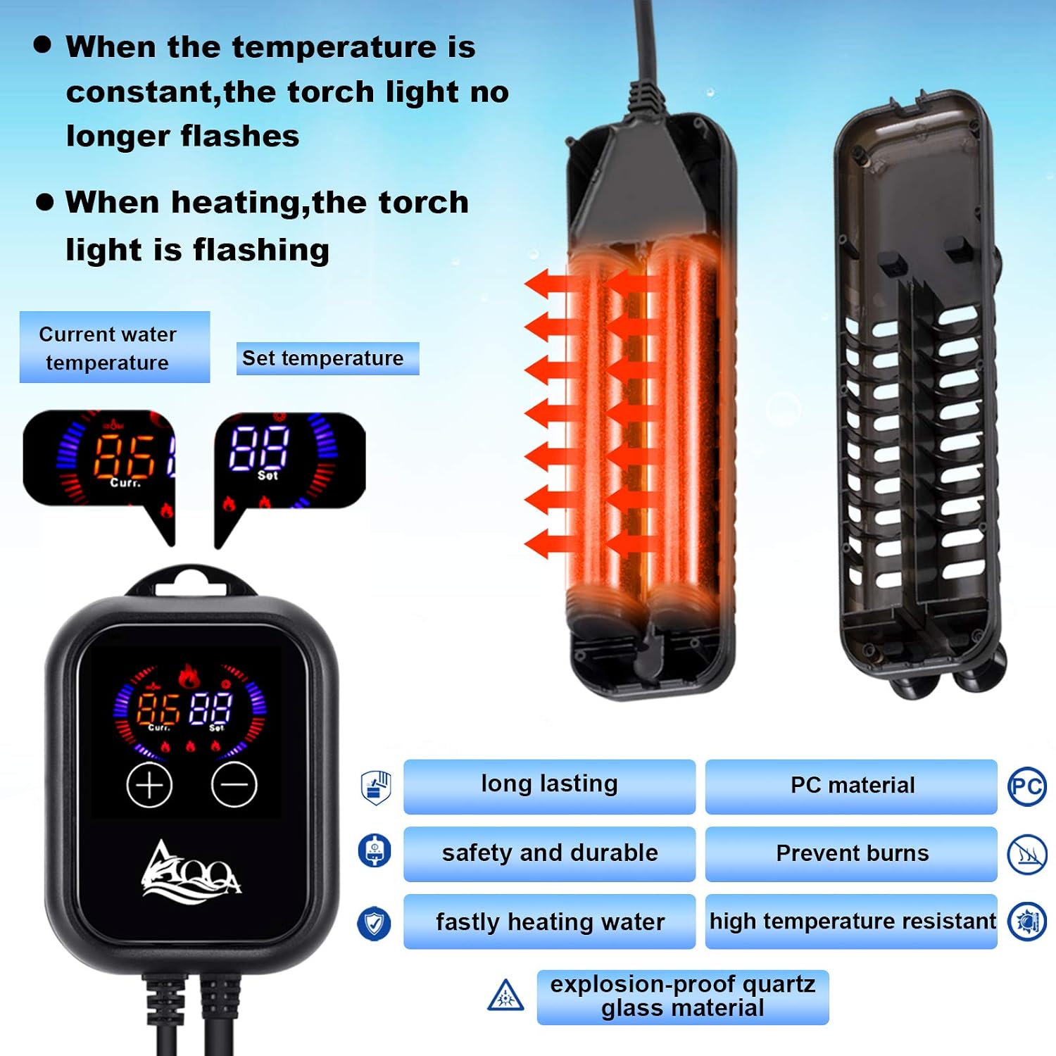 AQQA Submersible Aquarium Heater,100W/200W/300W/500W/800W/1000W/1200W Fish Tank Heater,External Temperature Controller LED Temperature Display,Suitable for Saltwater and Freshwater(1200W) - Image 2