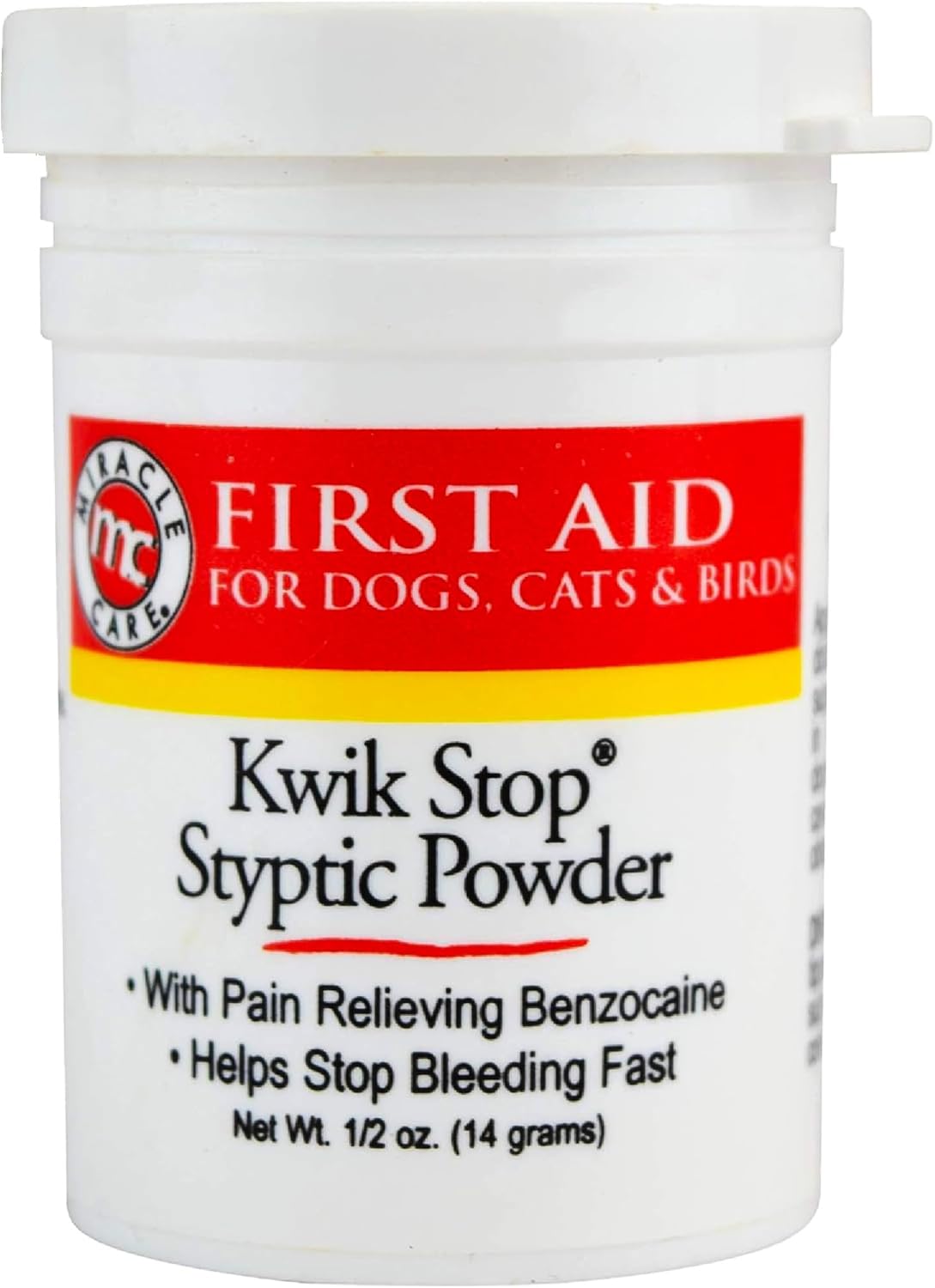 Miracle Care Kwik Stop Styptic Powder for Dogs, Cats and Birds, 0.5 Ounce, Fast Acting Blood Stop Powder with Pain Relieving Benzocaine | Fast Acting Blood Stop Powder with Pain Relieving Benzocaine, For Nail & Claw Clipping, Wing Trimming, or Minor Cuts