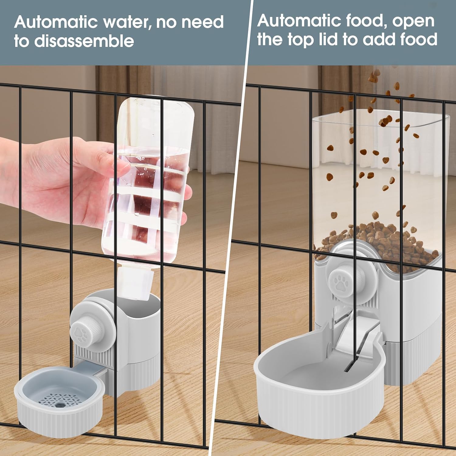 Yummy Sam Hanging Cage Automatic Small Pet Food Bowl Water Bottle Dispenser, Detachable Auto Gravity 1.2L Self-Feeding Feeder and 0.52L Waterer Set Kennel Feeding Station for Puppy Cats Rabbit(Grey) - Image 5