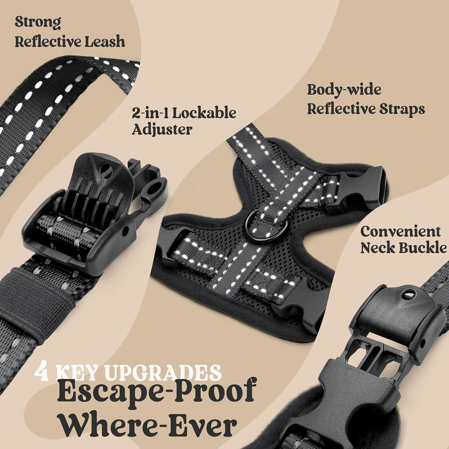rabbitgoo Cat Harness and Leash, Easy-on with Neck Buckle, Black | Escape Proof, No Over-the-head, Soft Air Mesh, 3 Lockable Adjusters & Buckles, Reflective, for Medium to Large Cats Walks, M - Image 3