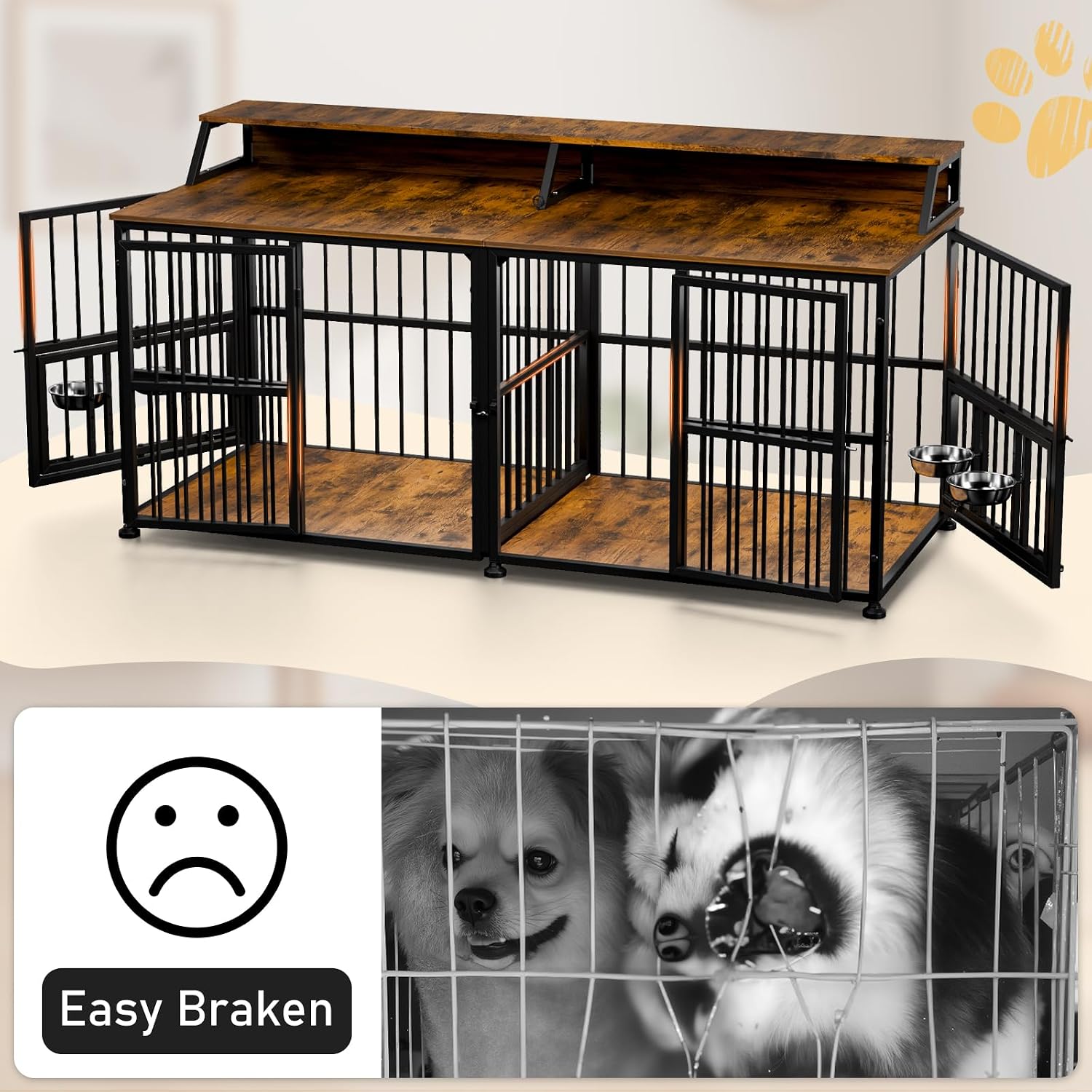 XXL Dog Crate Furniture for 2 Dogs, Extra Large Double Dog Cage Large Breed, Thick Wooden Dog Crate with Storage Rack, 72 Inch Double Dogs House Sturdy Dog Kennel with Removable Divider - Image 6