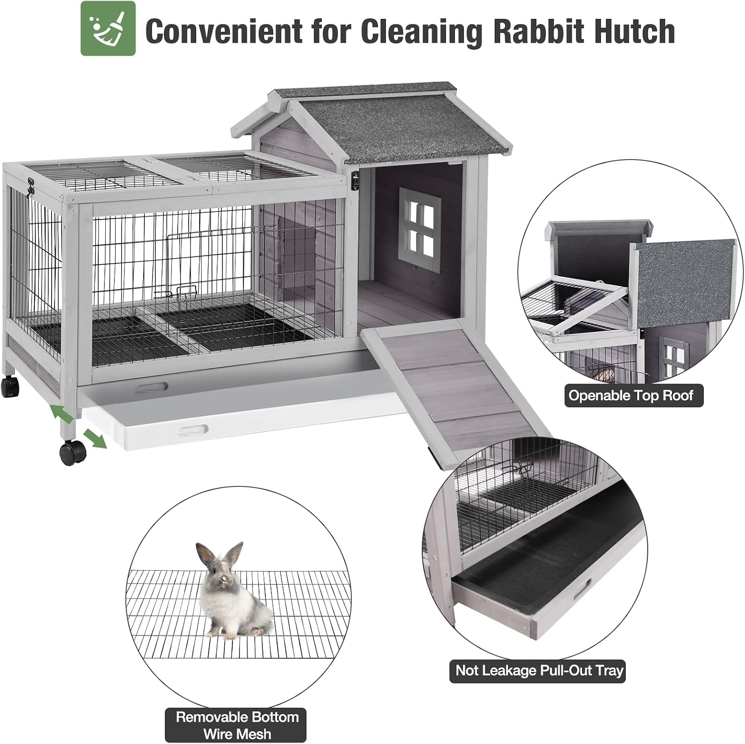 Wooden Rabbit Hutch Indoor and Outdoor, Rabbit Cage with Removable Wire Netting and Leak Proof Tray, Mobile Bunny Cage with Wheels (Grey) - Image 5