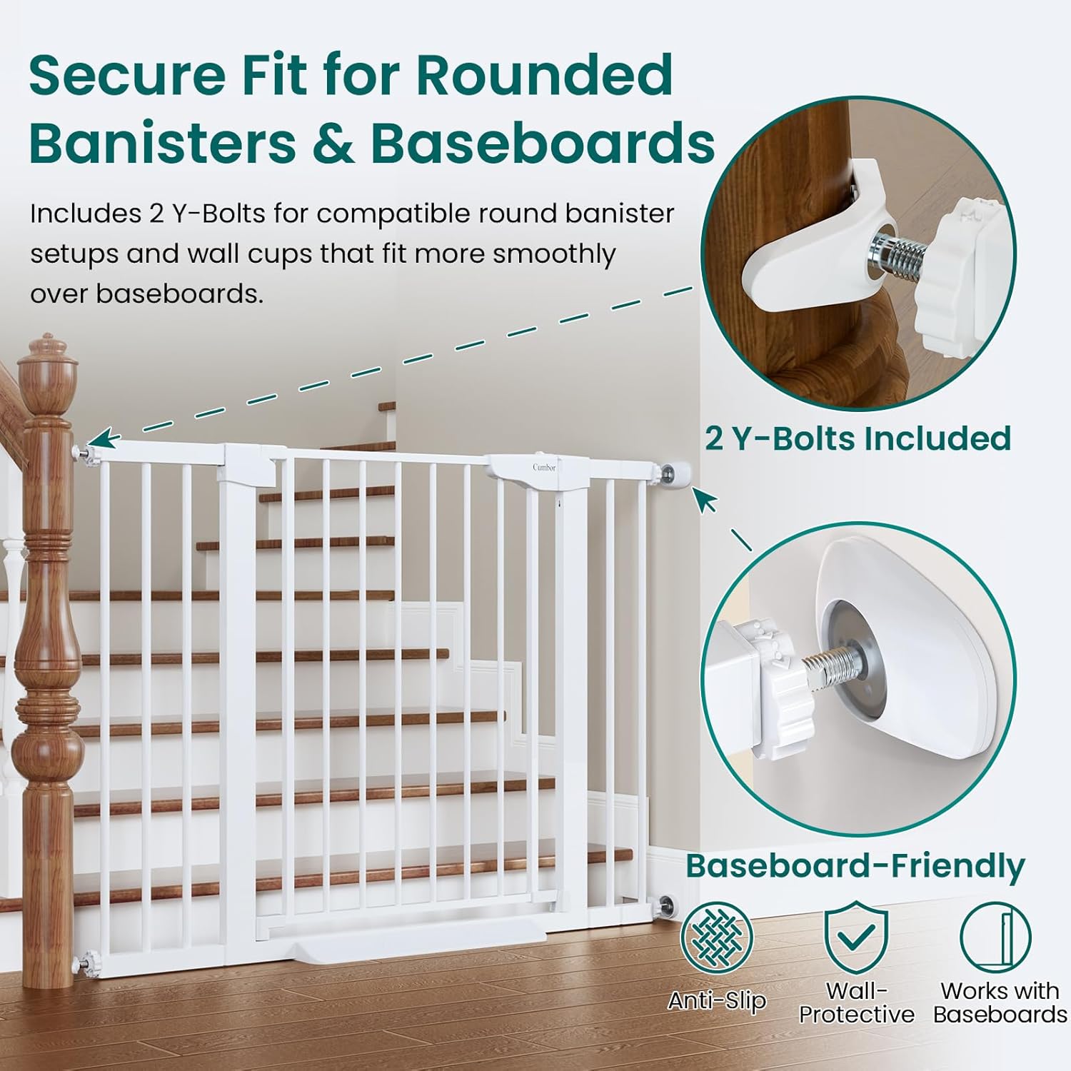 Cumbor 30-46" Baby Gate for Stairs, Toddler Safety Essentials for the House, Auto Close Dog Gate for Doorways, Mom's Choice Awards Winner-Easy Install Pressure/Hardware Mounted Pet Gate for Dogs,White - Image 2