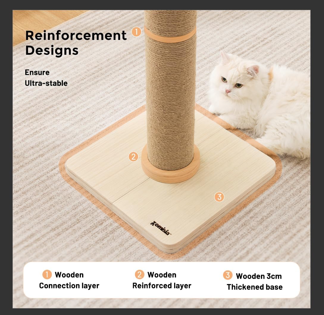 ZOMISIA 35'' Tall Cat Scratching Post, 4.7'' Large Scratch Post with Thicken Wooden Base for Indoor Cats Adults, Sisal Scratcher Top & Dangling Balls, Super Sturdy - Image 3