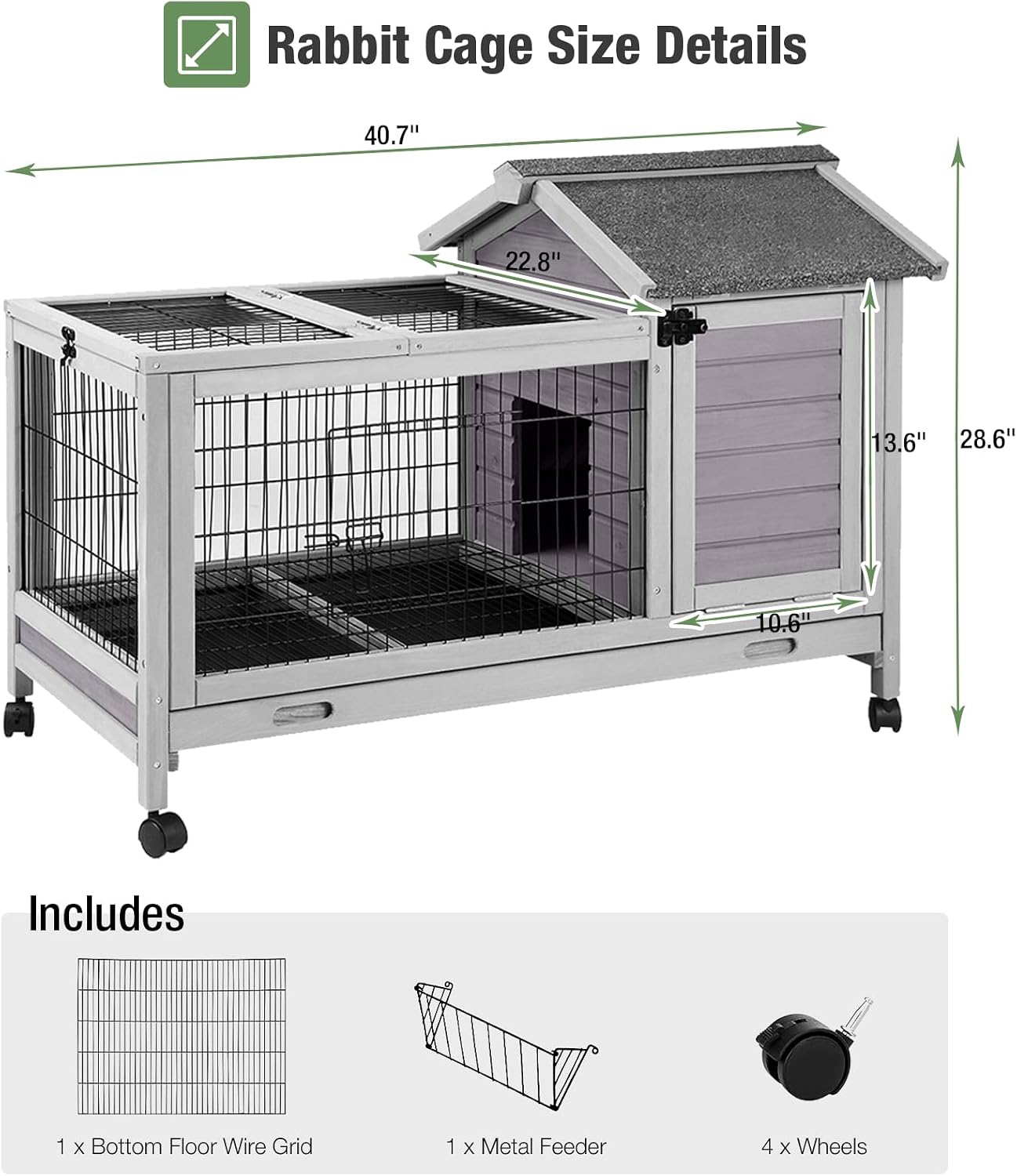 Wooden Rabbit Hutch Indoor and Outdoor, Rabbit Cage with Removable Wire Netting and Leak Proof Tray, Mobile Bunny Cage with Wheels (Grey) - Image 7