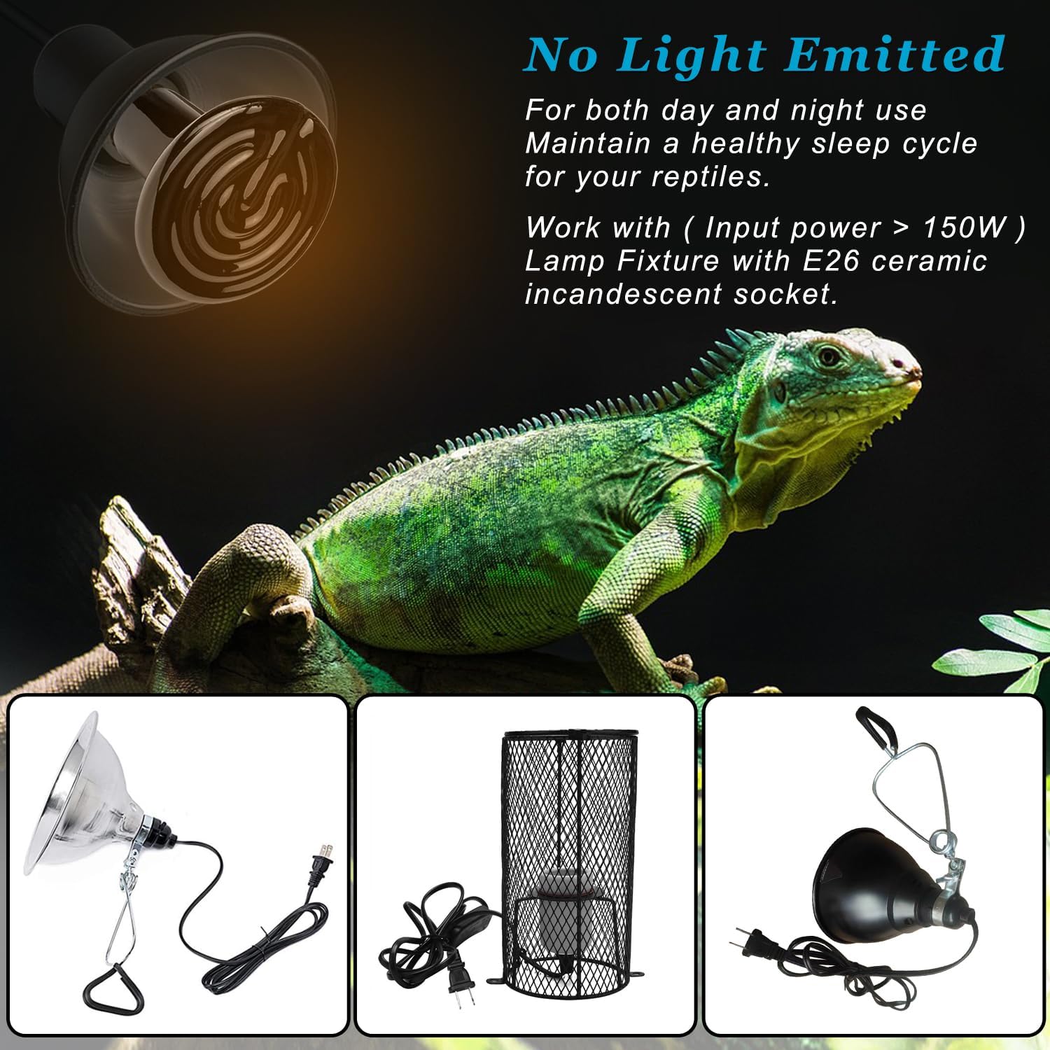 DOMICA 150W 2 Pack Reptile Heat Bulb, Beared Dragon Ceramic Heat Emitter, E26 No Light Night Use Heater Bulbs for Turtle, Lizard, Snake, Amphibians, Pet Brooder Coop Chicken (150W-Large Tank) - Image 3