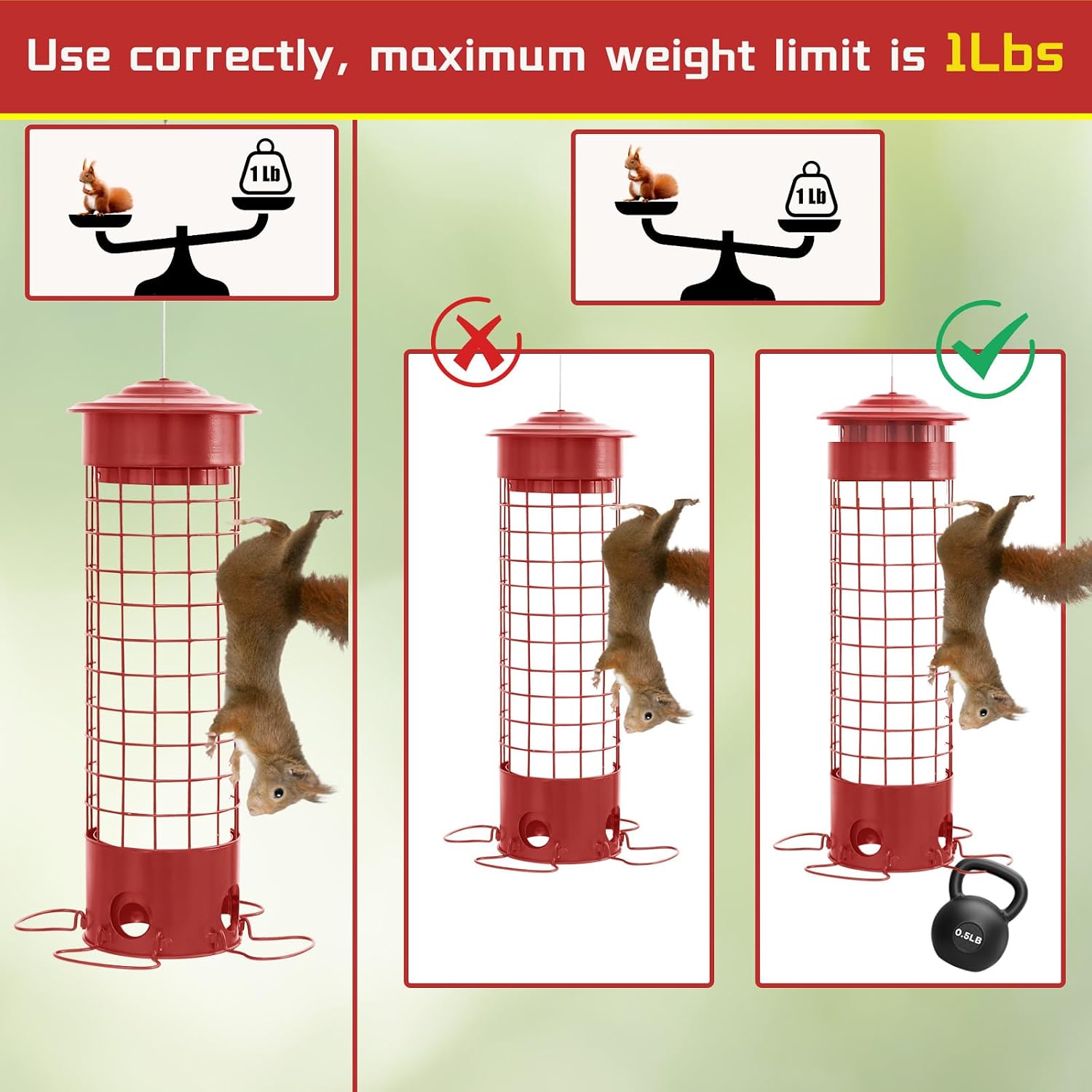 Squirrel Proof Bird Feeders, Metal Wild Bird Feeder for Outdoors Hanging, Weight Activated Squirrel Buster for Chickadees, Goldfinches, Cardinals, Chew-Proof, 4.4LB Large Capacity, Red - Image 5