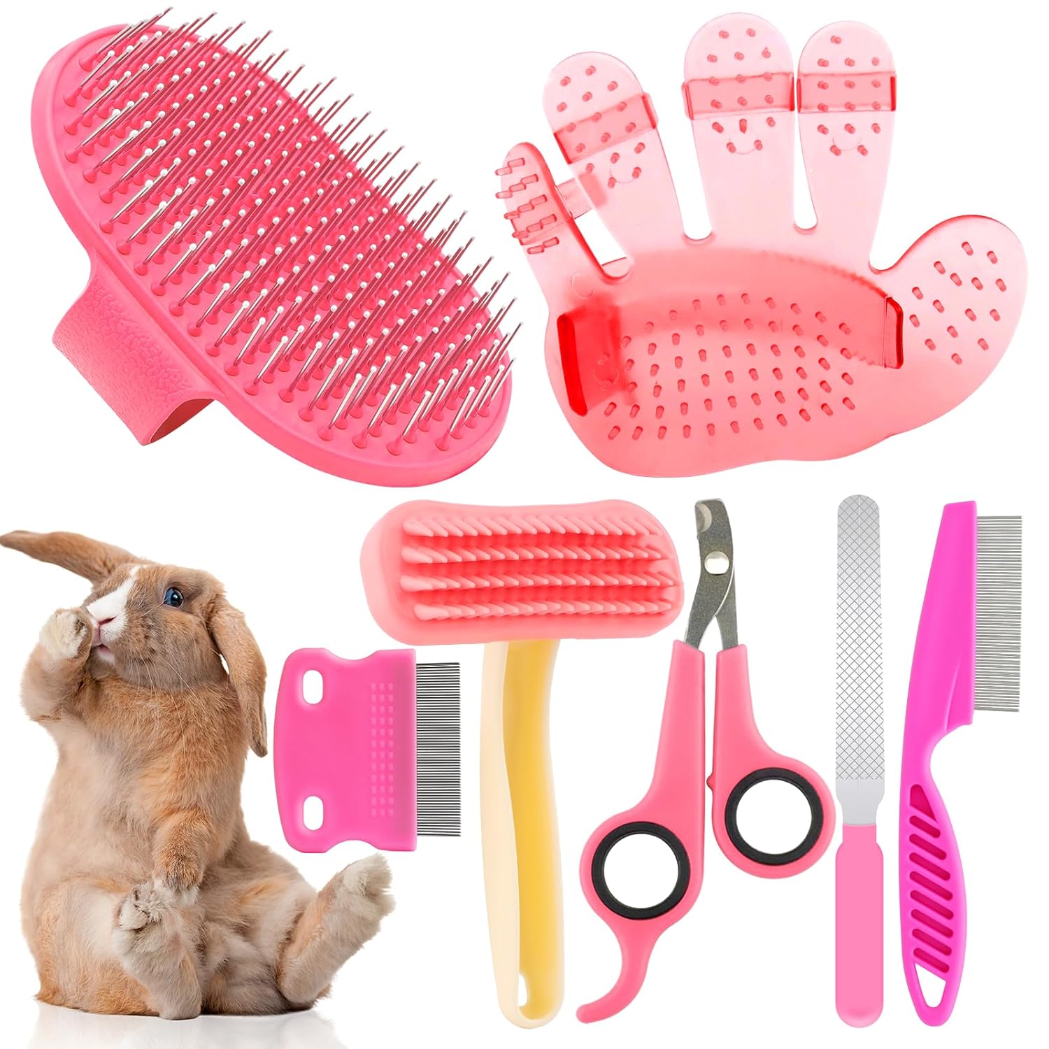 Rabbit Grooming Kit, Rabbit Brush for Shedding with Bunny Nail Clipper, Rabbit Nail Trimmers with Pet Combs for Hamster Guinea Pig Ferret by KALAMANDA(Pink)