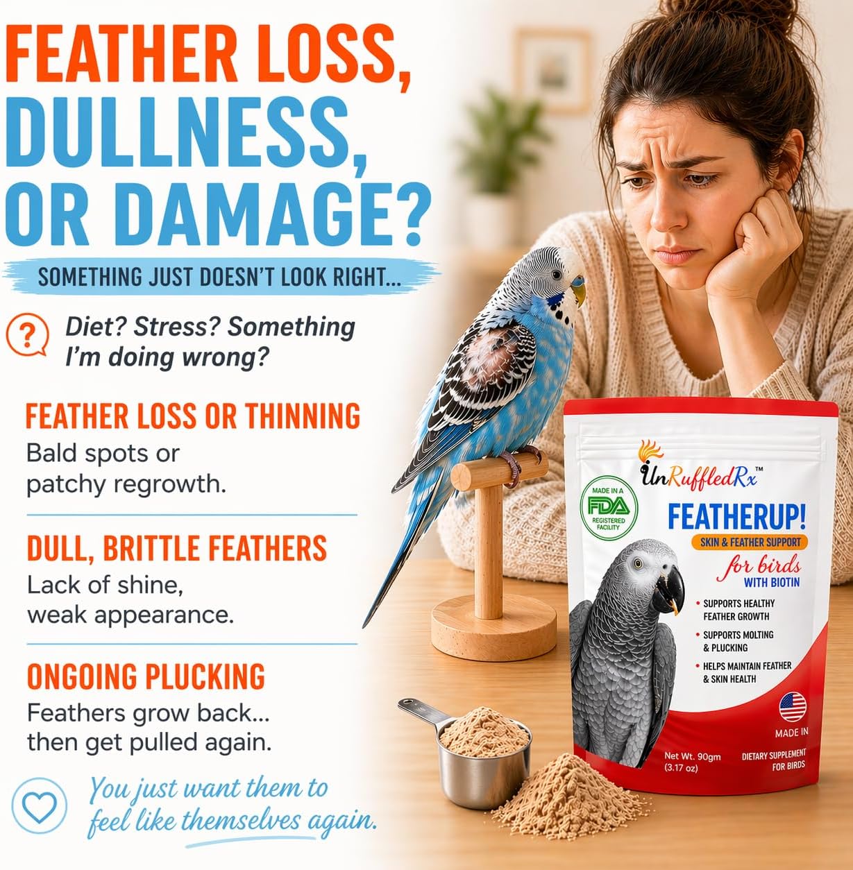 UnRuffledRx FeatherUp! Bird Molting Support & Feather Growth Supplement - for Plucking, Regrowth & Molt - Multivitamin & Amino Acids for All Birds - 90g (240 Servings) - Image 2