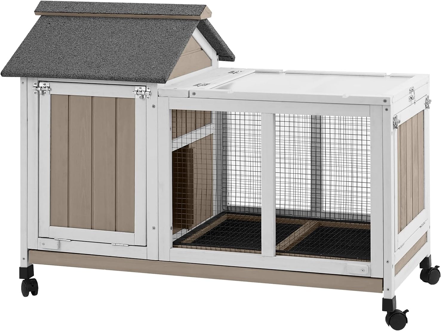 38''L Rabbit Hutch Outdoor with Wheels, Wooden Expandable 2 Story Bunny House Rabbit Cage Indoor with Run, Pull Out Tray, Waterproof Roof, Guinea Pig Cage Chicken Coop for Small to Medium Pets - Image 7