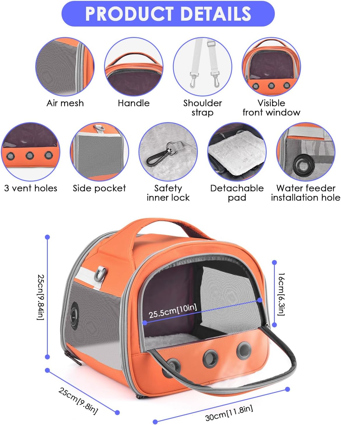 Bissap Guinea Pig Carrier Bag, Portable Small Animal Carrier Pouch for Hamster Chinchilla Rabbit Gerbil Hedgehog Sugar Glider Outgoing Travel Carrying Case -Orange - Image 2