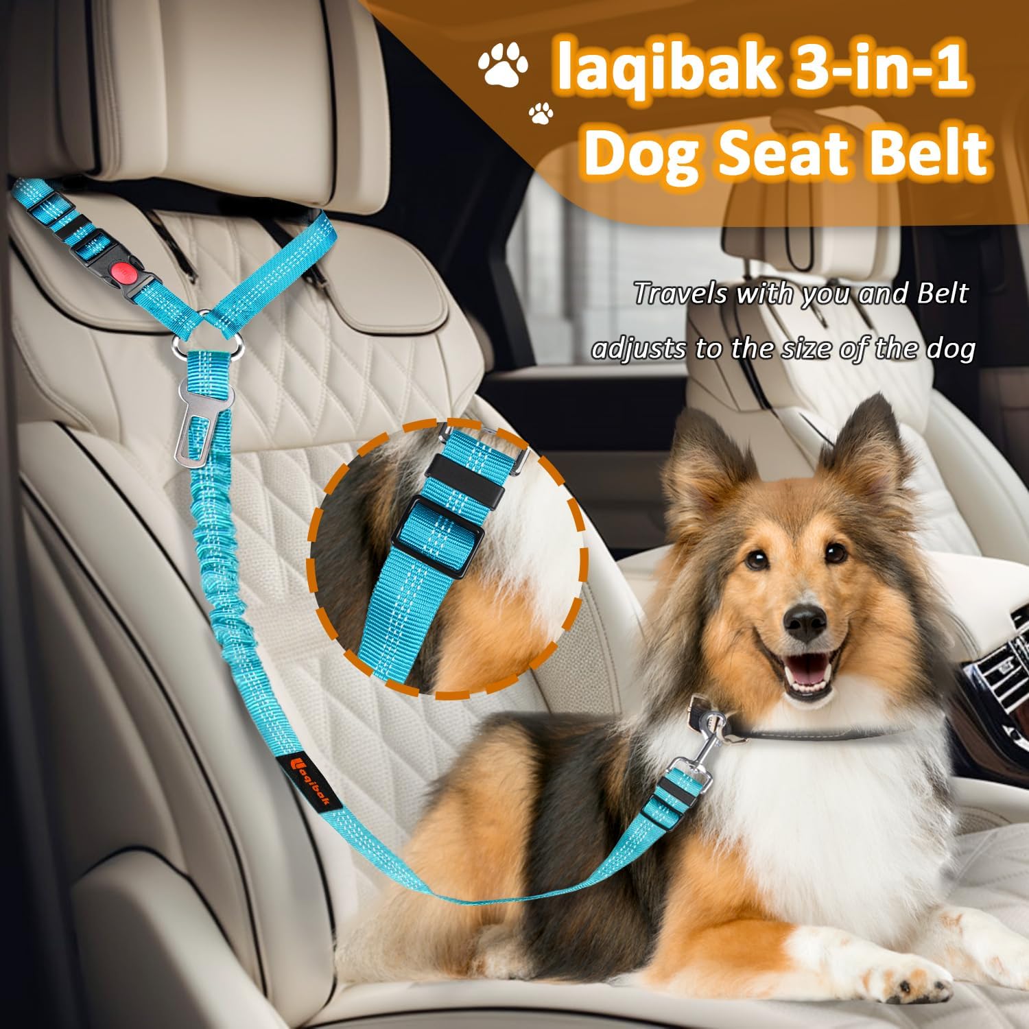 Removable Dog Seat Belt Harness for Car, 3 in 1 Pet Dog Car Seatbelt Leash, Retractable Restraint Secures to Vehicle Headrest & Adjustable Reflective Bungee Dog Seatbelt Tether, Blue and Black - Image 3