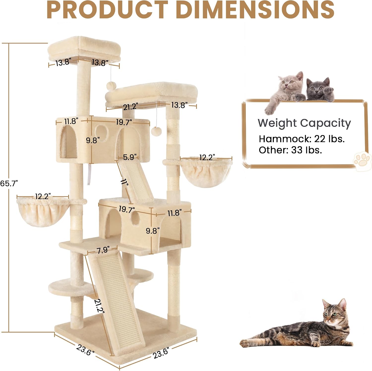 SHA CERLIN 65in Larger Cat Tree Tower Condo for Indoor Kitties/Multi-Level Furniture Activity Center with Wide Base/Cozy Plush Cat Perches/Baskets/Sisal Scratching Posts and Hammock/Beige - Image 8