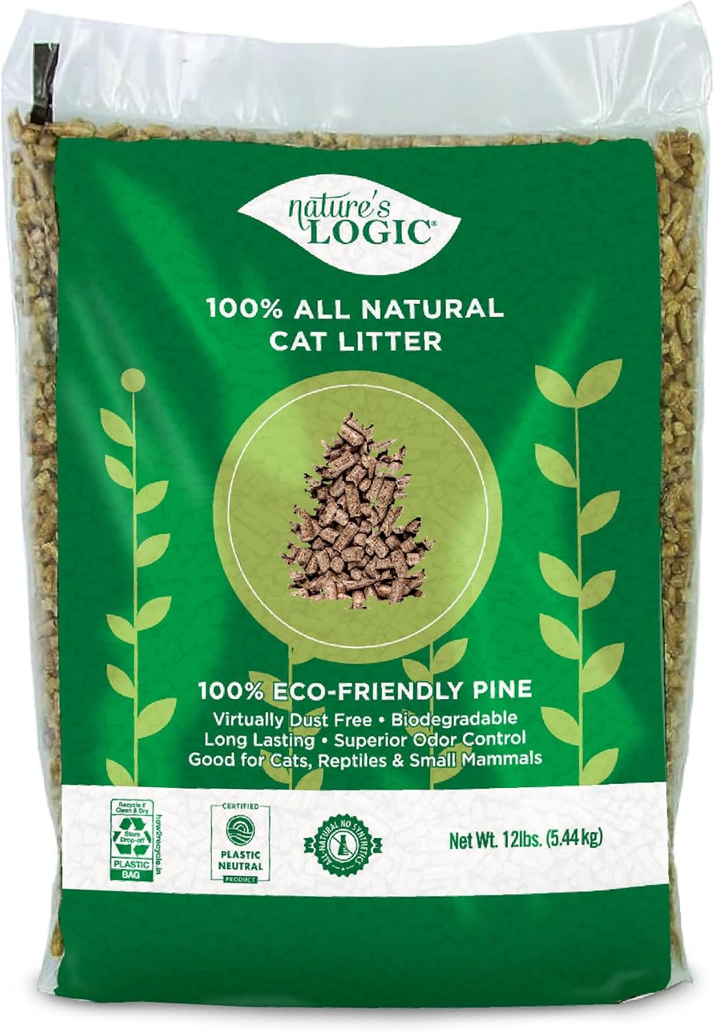 Nature's Logic 100% Natural Pine Pellet Cat Litter - Dust-Free, Unscented, Biodegradable - Safe for Cats, Kittens, Reptiles & Small Pets - Highly Absorbent - 12 lb Bag