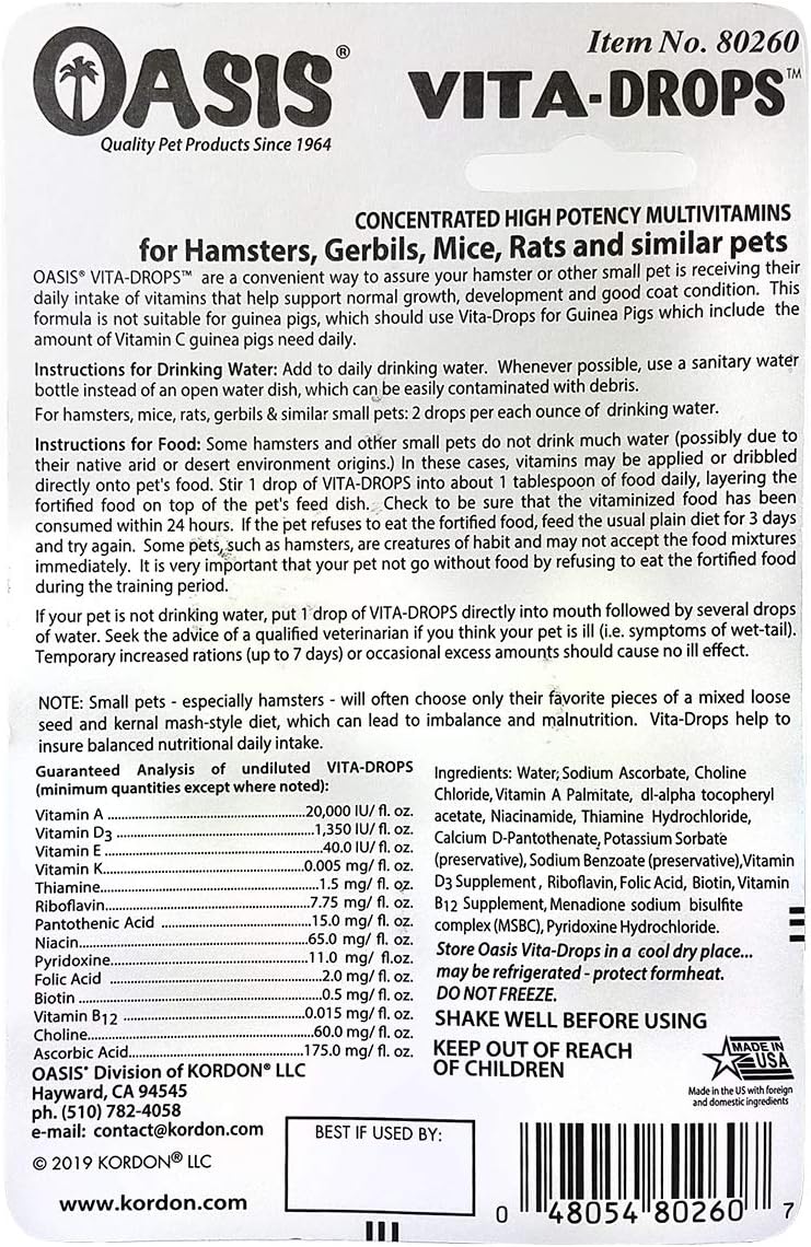 Oasis Hamster Vita-Drops All-in-1 Multivitamins - Daily Vitamin Supplement Supports Healthy Bones & Teeth, Joints & Digestion, Promotes Healthy Skin Coat, Orange Flavor, 2-Ounces - Image 2