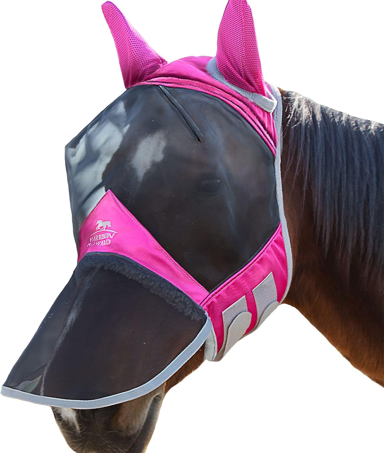 Harrison Howard CareMaster Pro Luminous Horse Fly Mask Large Eye Space Long Nose with Ears UV Protection for Horse Flamingo (M; Cob)