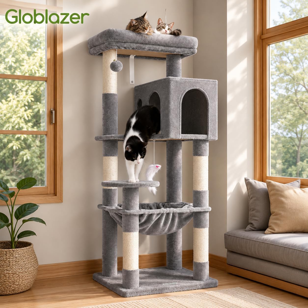 Globlazer Cat Tree Tower with Scratching Post for Indoor Cats, 53inch Tall Plush Multi-Level Cat Climbing Tower Condo House with Large Hammock, Spacious Cat Cave, Padded Top Perch Bed, F53, Light Gray - Image 7