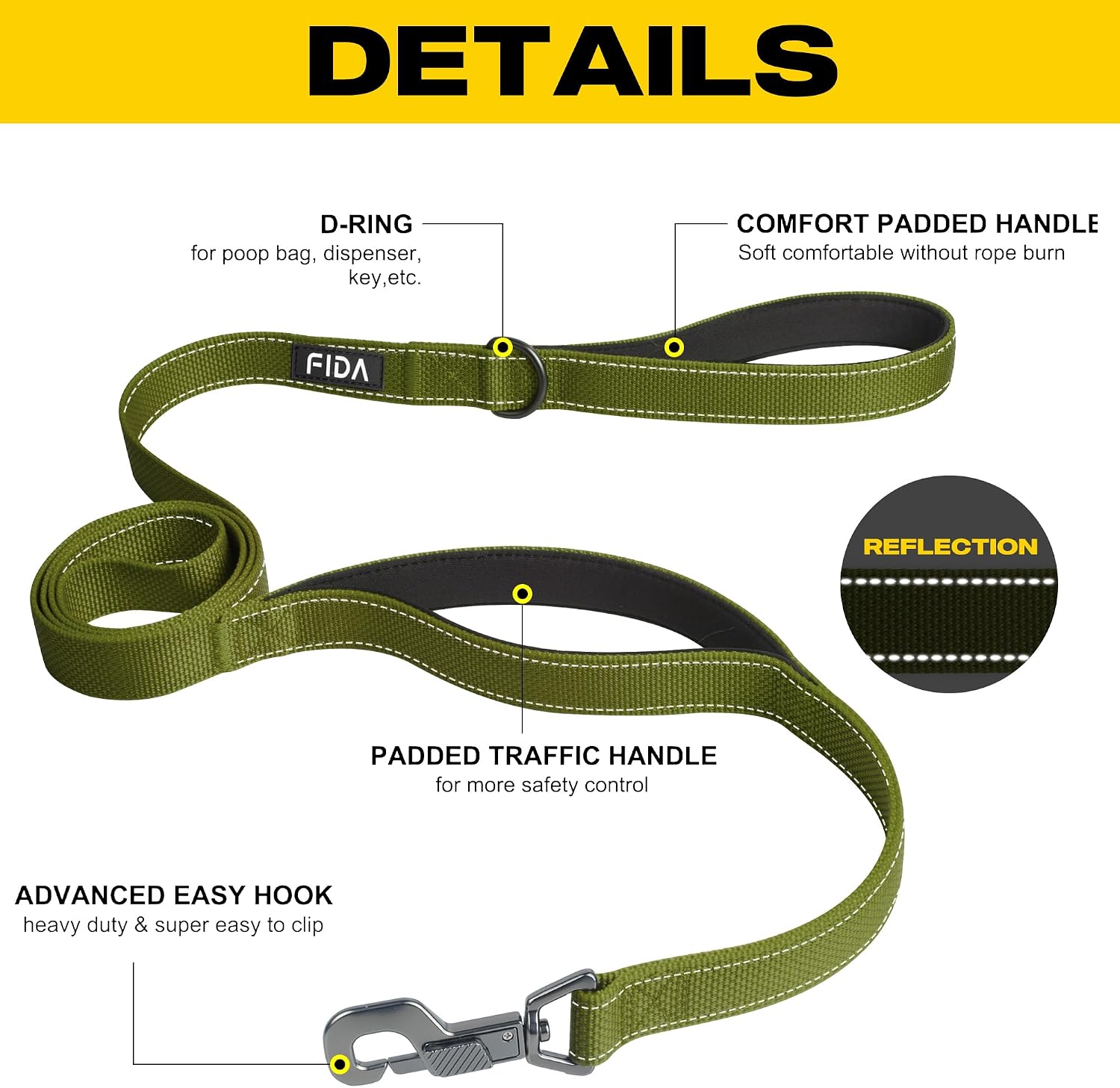 Fida 4 FT Heavy Duty Dog Leash with 2 Comfortable Padded Handles, Traffic Handle & Advanced Easy Snap Hook, Reflective Walking Lead for Large, Medium & Small Breed Dogs, Green - Image 2