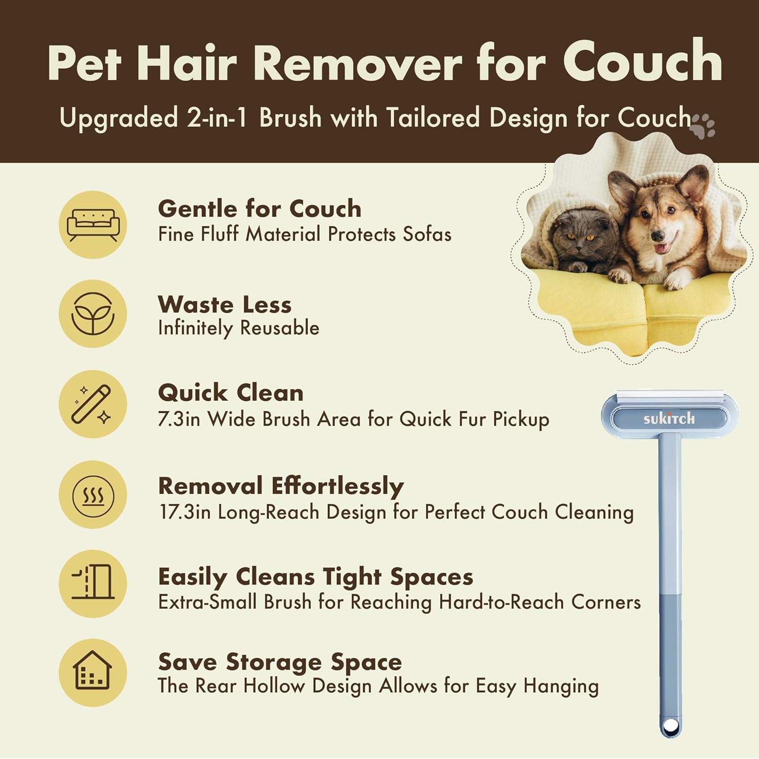 Pet Hair Remover for Couch and Furniture, 17.3-Inch Reusable Washable Lint Cleaner for Dog and Cat Hair, Long Handle for Bedding, Sofa and Fabric Surfaces - Image 2