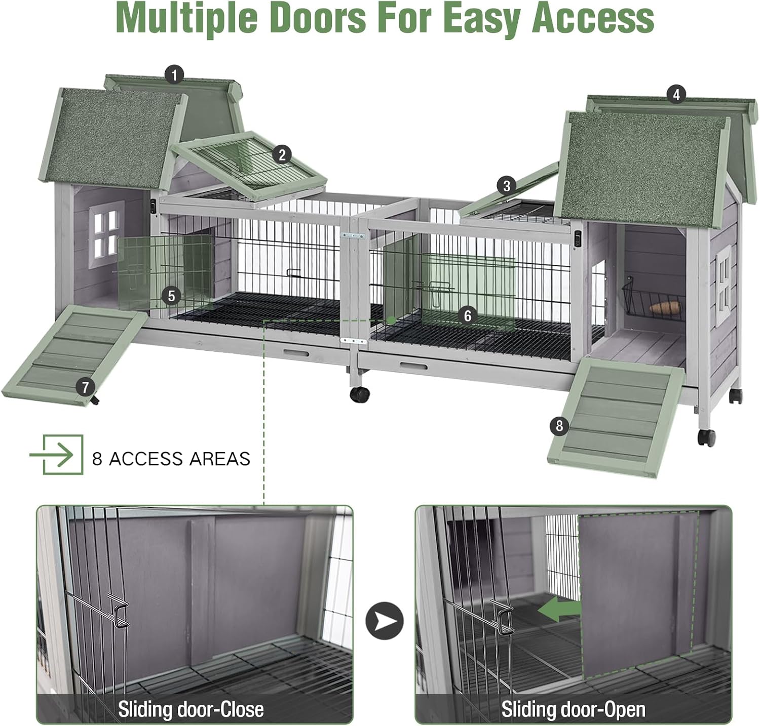 Wooden Rabbit Hutch with Wheels, Indoor Outdoor Bunny Cage with Removable Netting, Guinea Pig House with Leak-Proof Trays - Image 4