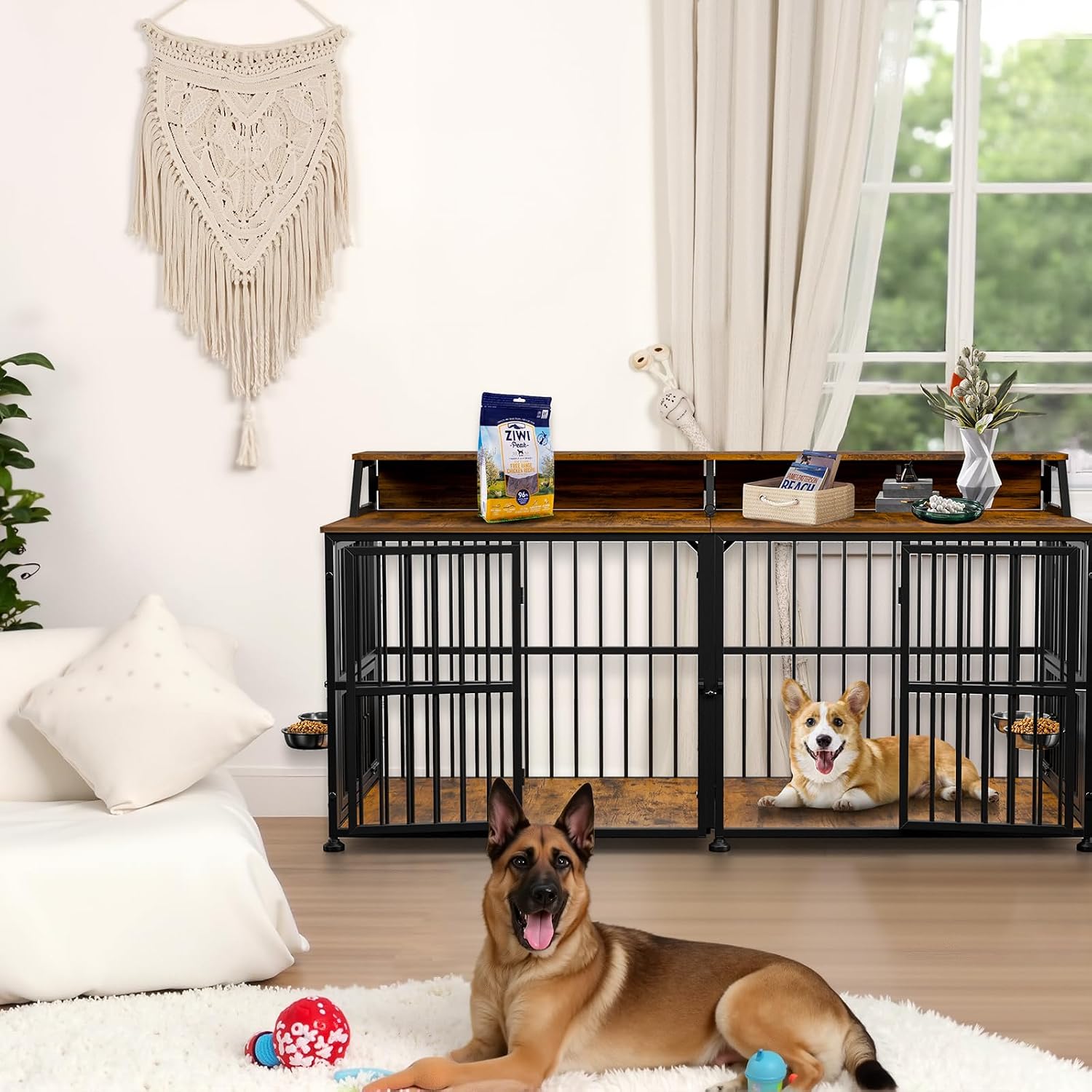 XXL Dog Crate Furniture for 2 Dogs, Extra Large Double Dog Cage Large Breed, Thick Wooden Dog Crate with Storage Rack, 72 Inch Double Dogs House Sturdy Dog Kennel with Removable Divider - Image 8