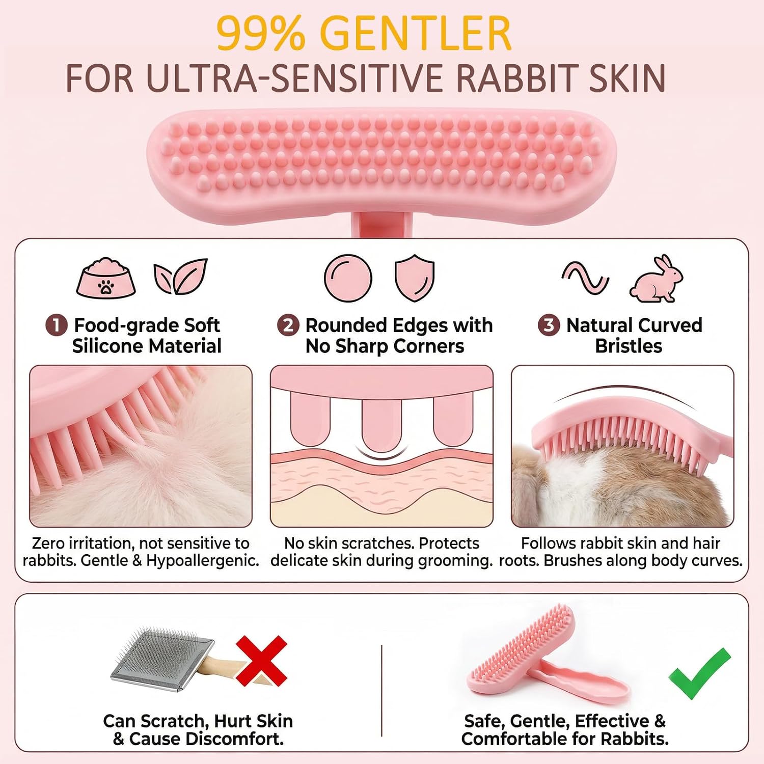 MCTOURY Rabbit Brush for Shedding Grooming: Effective at Removing 99% Loose Hair - Gentle Massage Appears Relaxed Comfortable & Soft Bristles - Safe for Sensitive Bunnies Cats Small Pets - Image 4