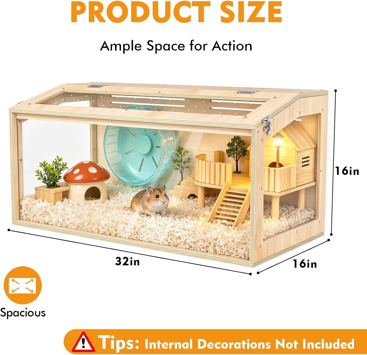 XiaZ Hamster Cage Chewproof,32Inch Large Hamster Cage with Panoramic View and Ventilated Top, Spacious Acrylic Glass Habitat for Syrian Dwarf Hamsters and Degus, Natural Wood Frame Enclosure - Image 3