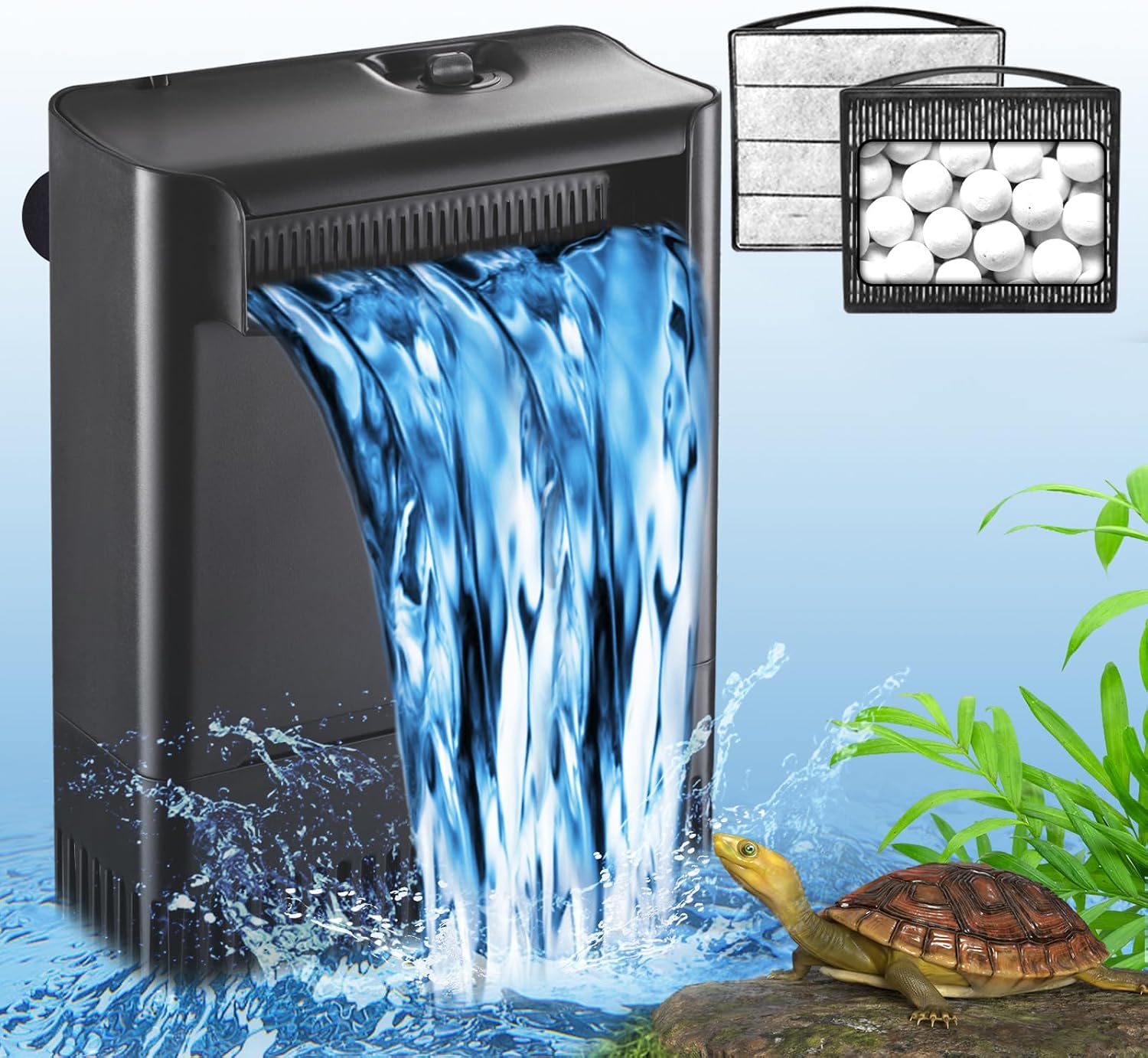 Turtle Tank Filter Aquarium Filter Power Adjustable 20-75 Gal. 290GPH Large Internal Filter 3-Stage Waterfall Bio-Filtration Low Water Level for Freshwater Saltwater Fish Tank Reptile Shrimp Frog - Image 9