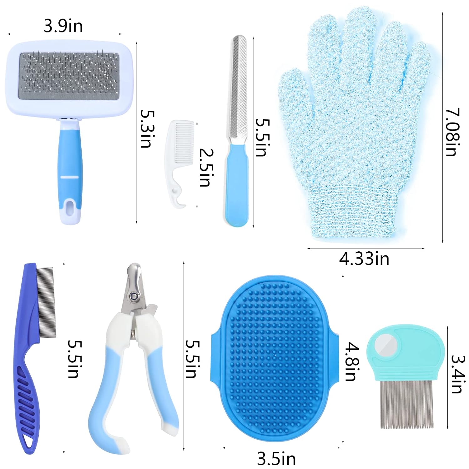 VCZONE Small Animal Grooming Set: Pet Nail Clipper & File, Flea Comb, Shampoo Brush, Shedding Slicker Brush, Massage Glove, Cleaning Comb (Blue) - Image 2