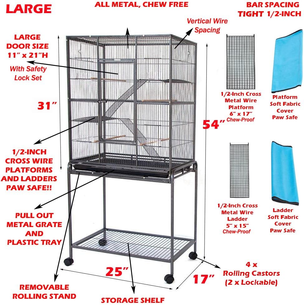 54" LARGE Wrought Iron 4-Level Chew-Proof Tight 1/2-inch Wire Spacing Ferret Squirrel Chinchilla Sugar Glider Rat Mice Rabbit Hamster Critter Home Cage Easy Clean Pull Out Tray Removable Rolling Stand - Image 3