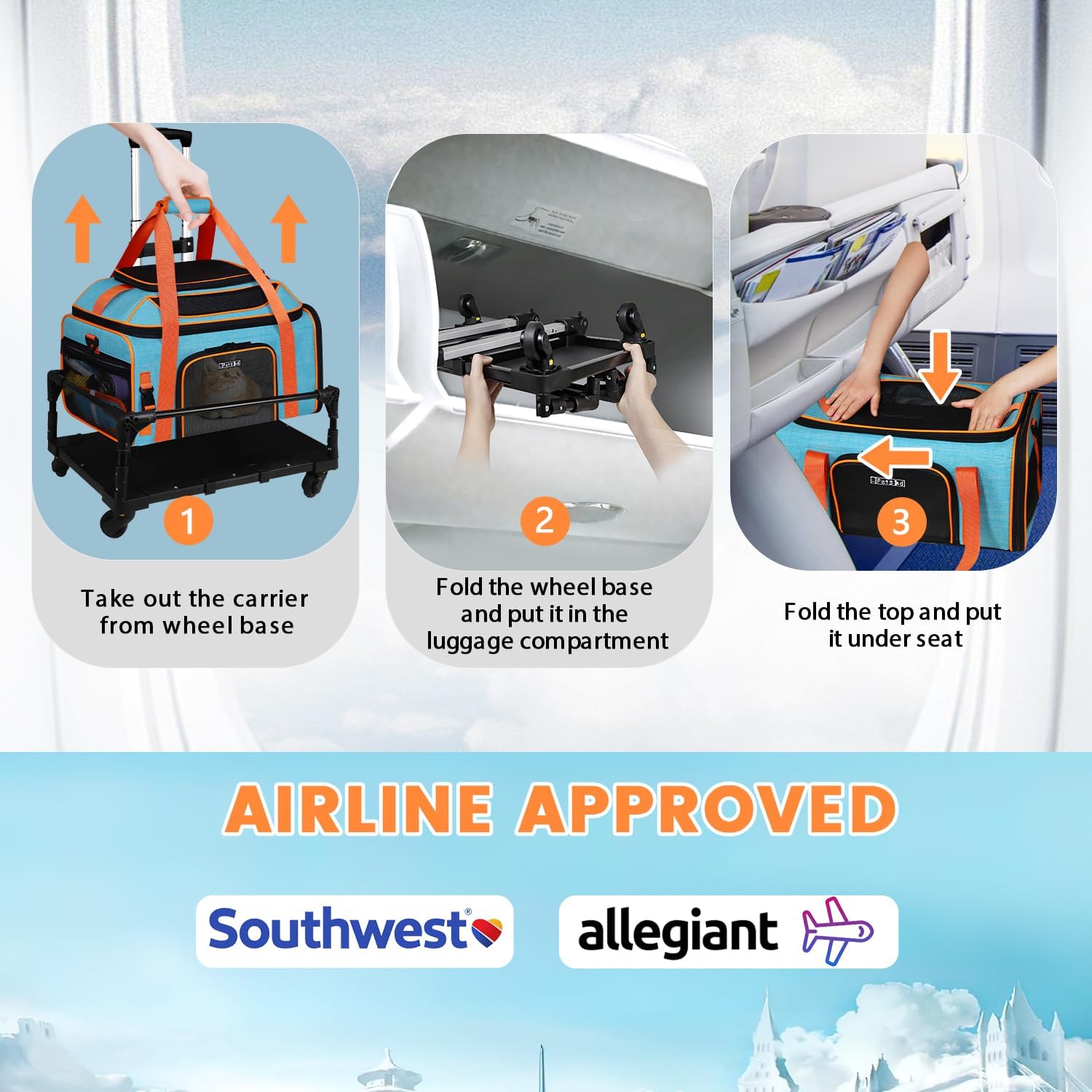 Petskd Top-Expandable Small Pet Carrier with Wheels (19" L x 13" W x 9" H), Southwest/Allegiant Airlines Approved, Rolling Pet Carrier for Small Dogs & Cats (Black) - Image 2