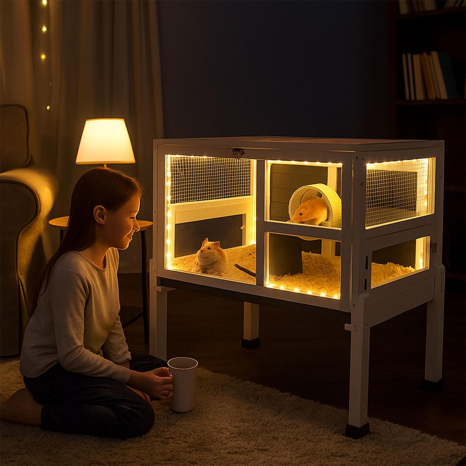2-Story Guinea Pig Cage with Stand, Indoor Wooden Hamster Cage with Ramp, Pull-Out Tray, Hideout & Platform, Acrylic Transparent Small Animal Habitat for Chinchillas, Ferrets, Hedgehogs,Grey - Image 8