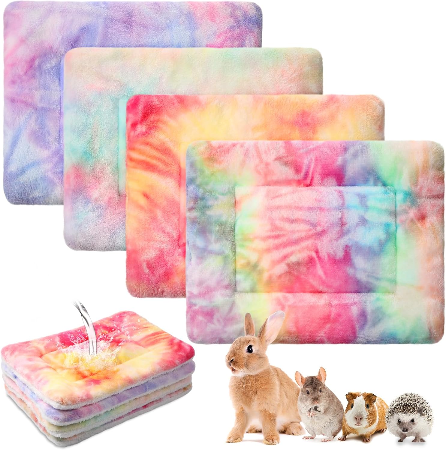 Haull 4 Pcs Waterproof Guinea Pig Bedding Soft Dog Cat Bed Crate Mat Small Animal Plush Cage Liners Rabbit Bunny Kennel Pad Reversible Cozy Pee Thickened Hamster Pad(Tie Dyed,13 x 10 Inch)