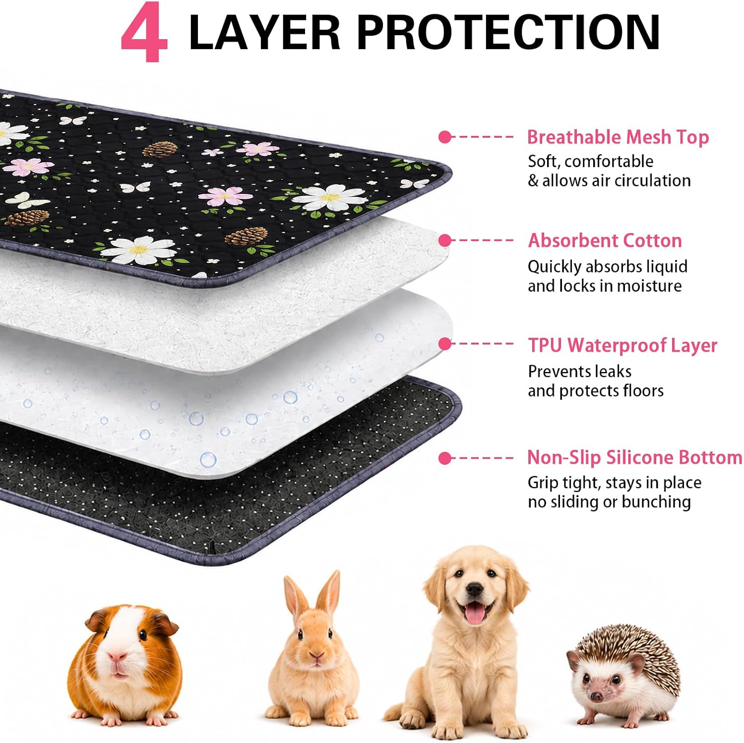 Guinea Pig Cage Liner 2 Pack Super Absorbent Washable Guinea Pig Pee Pads Waterproof Reusable Anti Slip Bedding Pee Pad Mat for Rabbit Bunny Rat Cat (Flowers, 28" x 14" (2 Pack)) - Image 2