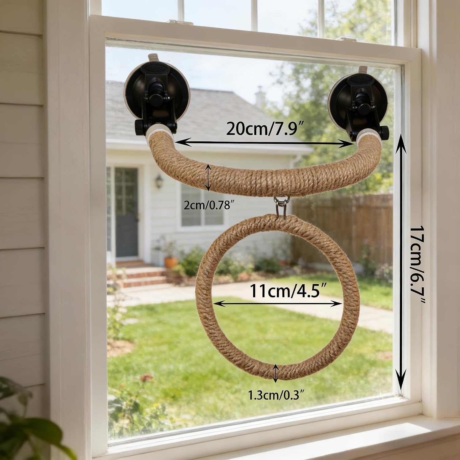 Natural Flax Bird Perch Stand, Strong Suction Cups Bird Window Perch | Movable Parrot Training Perch for Window Mirror Car Tiles | Universal for Budgie, Cockatiel, Conure (U-Shaped Perch + Swing) - Image 2