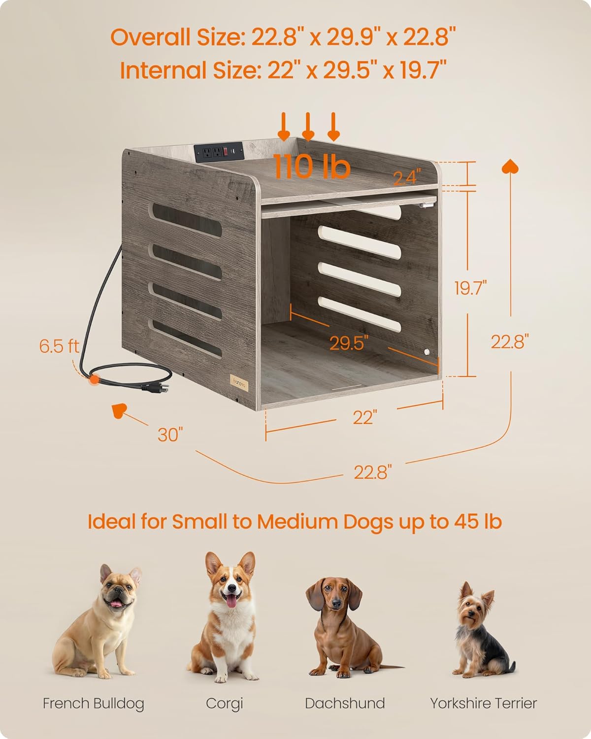 Feandrea Modern Dog Crate Furniture with Flip-Up Hidden Door, Charging Station, Dog Kennel House Indoor for Pets up to 45 lb, Pet Side End Table Cage, Heather Greige UPOC002LK01S - Image 4