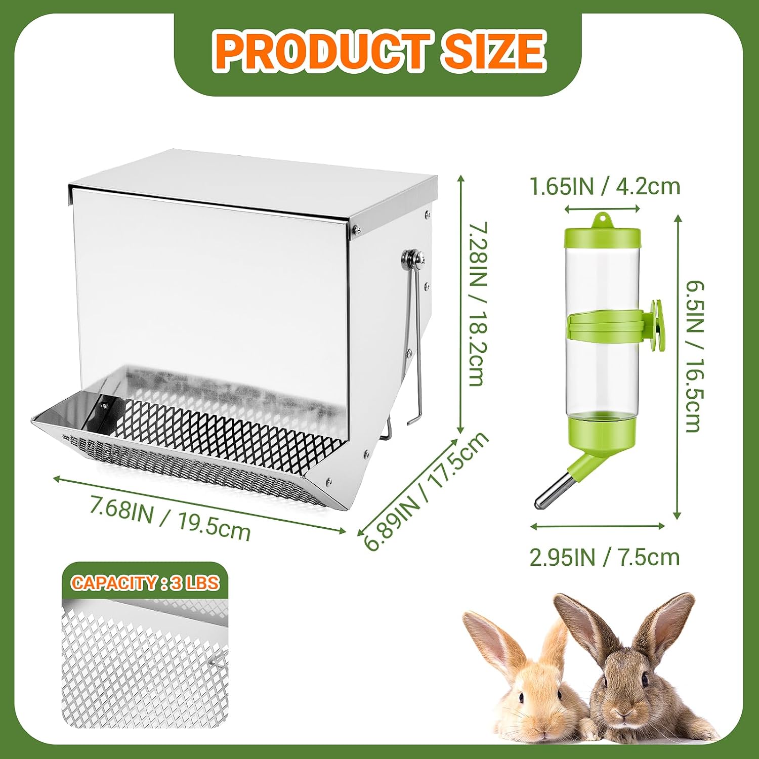 Rabbit Feeders Automatic for Cages,3.5 Pound Metal Trough Feeder with Water Bottle Galvanized Steel Outdoor Bunny Food Dispenser for Rabbits Chicken Guinea Pig Pet and Other Small Animals - Image 2